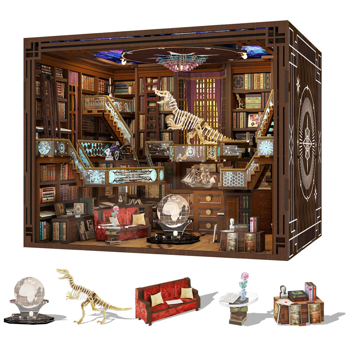 Minicity Book Nook Kit, DIY Miniature Dollhouse Booknook Kit, 3D Wooden Puzzle Bookend Bookshelf Insert Decor with LED Light for Teens and