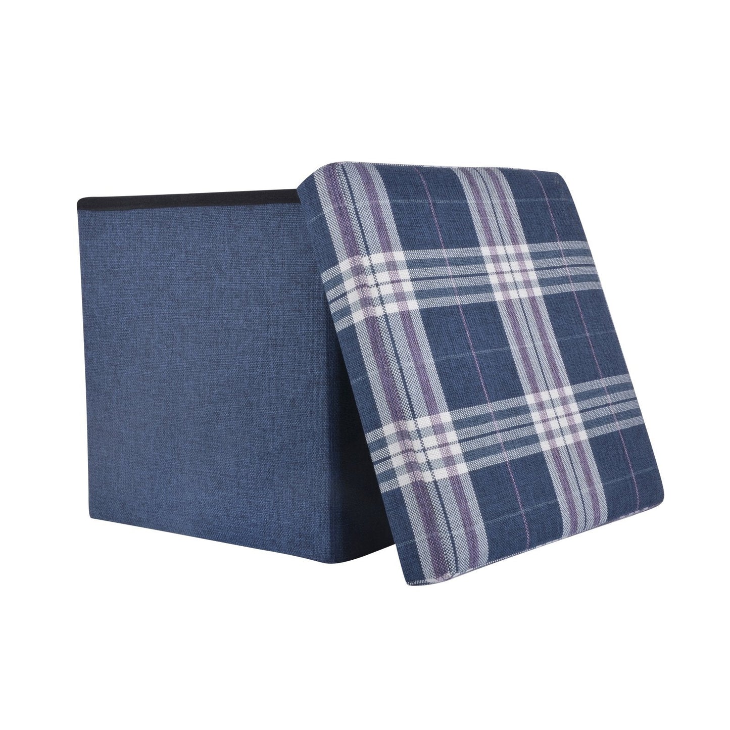 XSS Folding Check Pattern Storage Ottoman Cube With Foam Padded Lid 15" - Blue