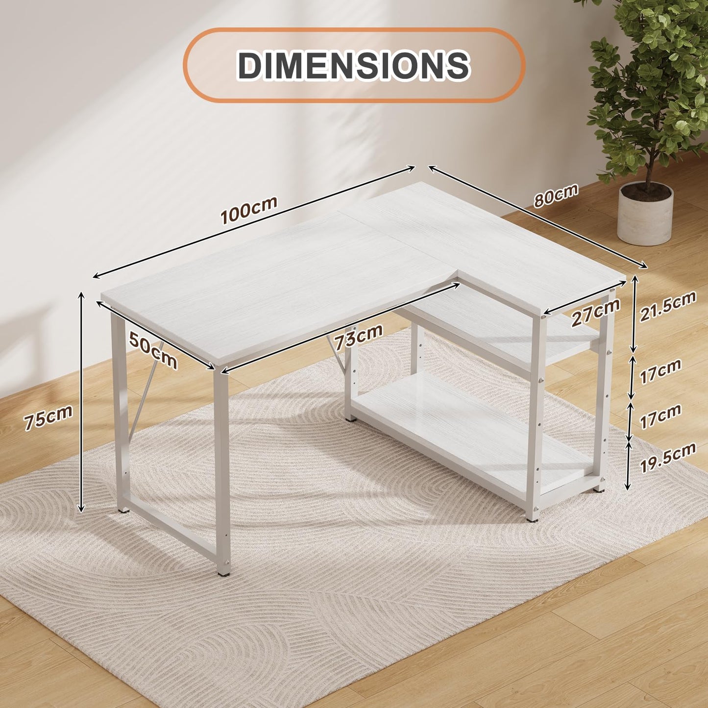 JUMMICO Small L Shaped Desk 100x80cm with Storage, Corner Computer Desk with Reversible Shelf, Sturdy Office Desk & Workstations for Home Office