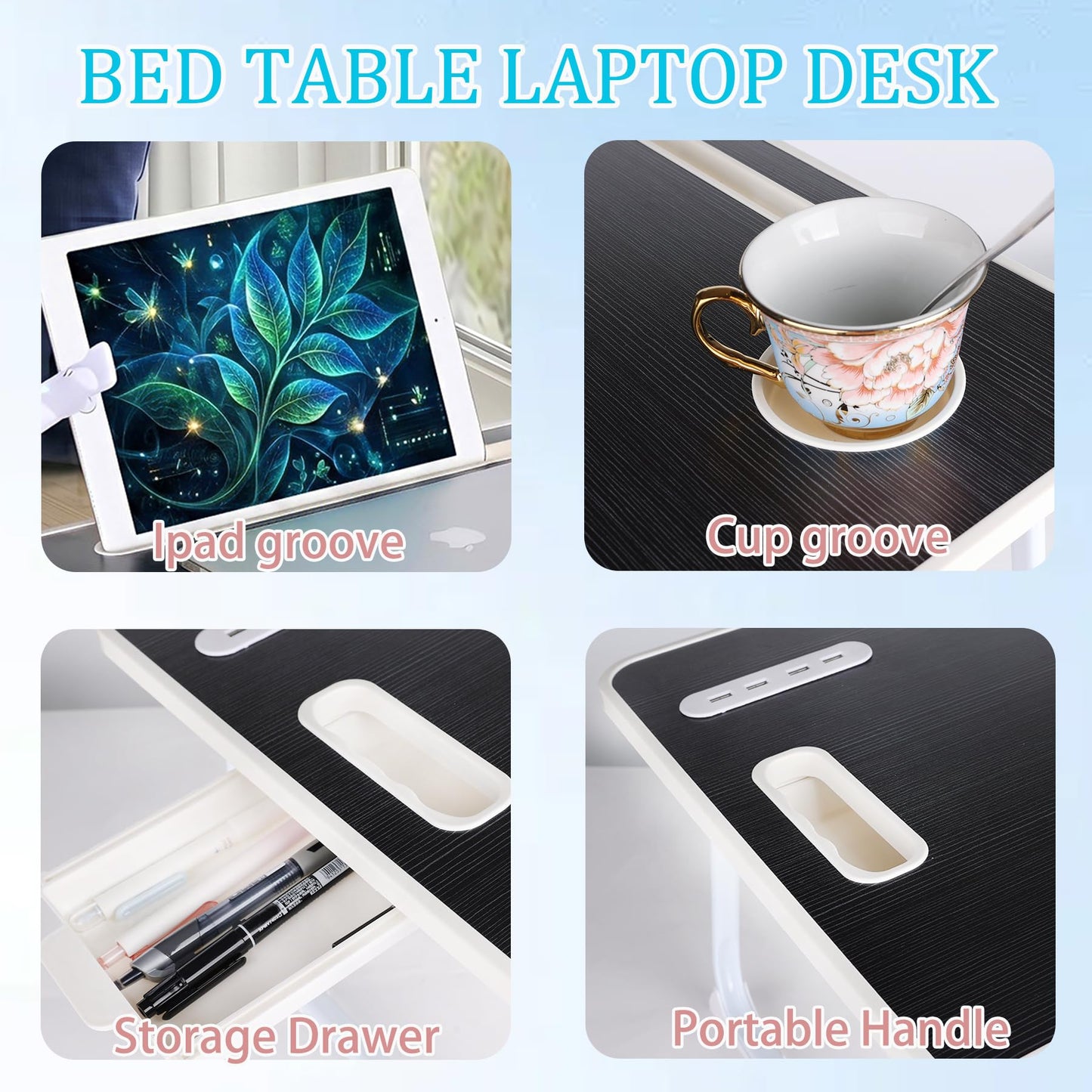 BIFZOIN Bed Table Laptop Desk,Foldable Portable Laptop Bed Table with USB Ports,Side Drawer,Desktop Card and Handle,Portable Tray for