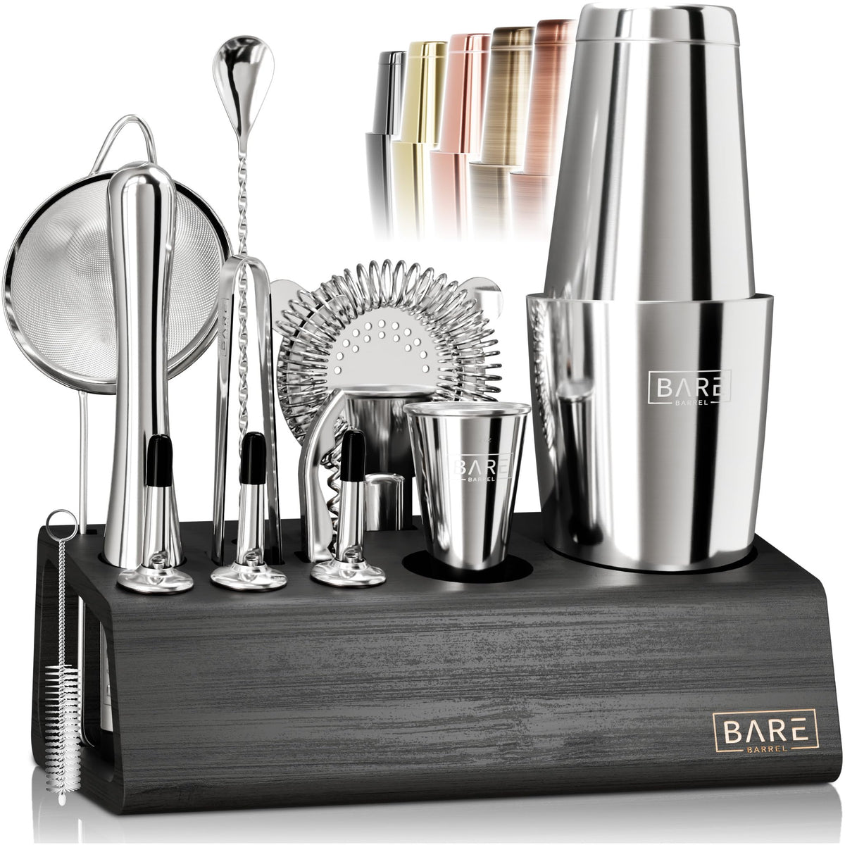 BARE BARREL Cocktail Making Kit | 14-Piece Bartender Kit Cocktail Shaker Set Maker | Bamboo Display Stand & 35 Recipe Cards | Mixology Cocktail Gift