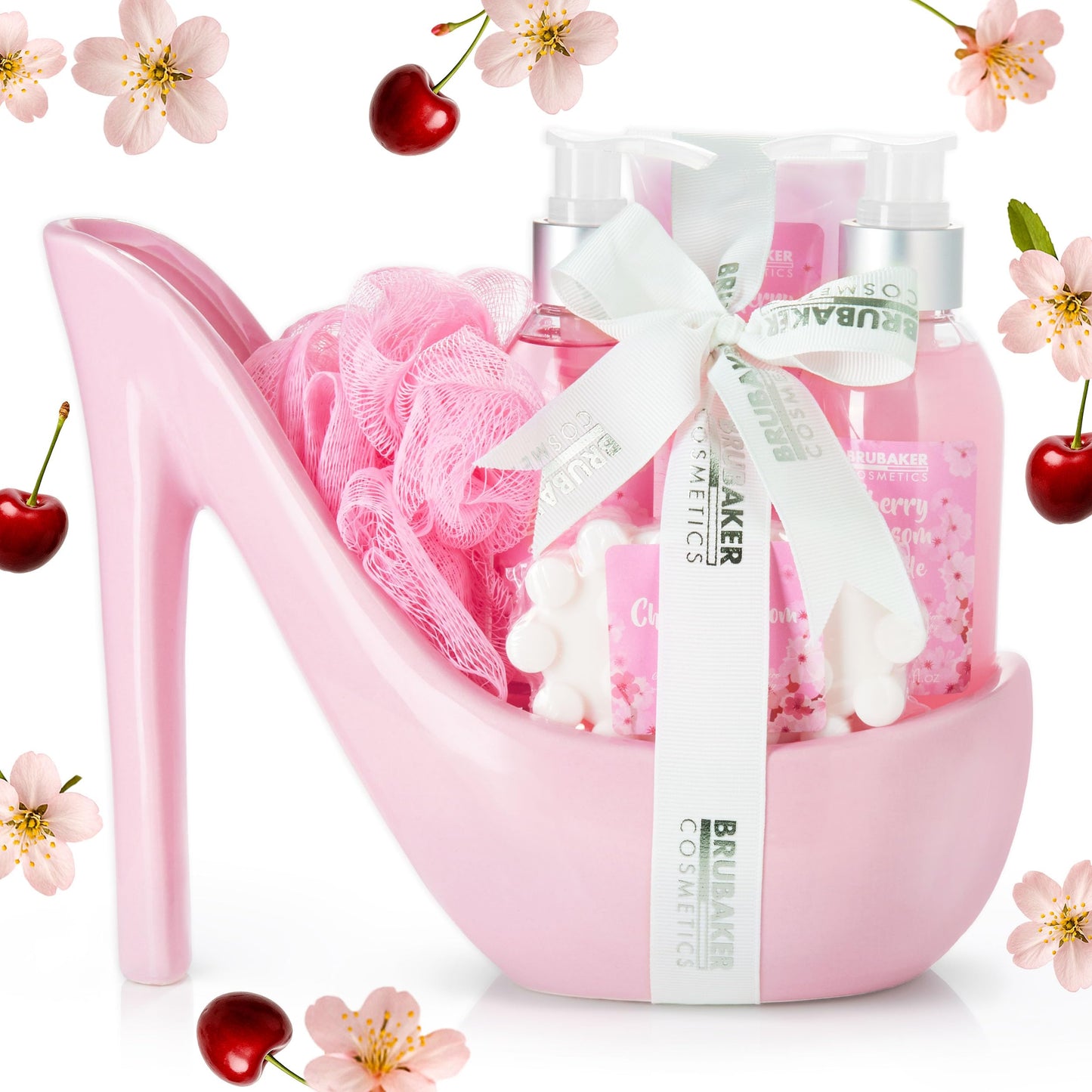 BRUBAKER Cosmetics Luxury Cherry Blossom Beauty Set - 6-Piece Bath and Shower Set - Gift Set in Ceramic Stiletto Pink