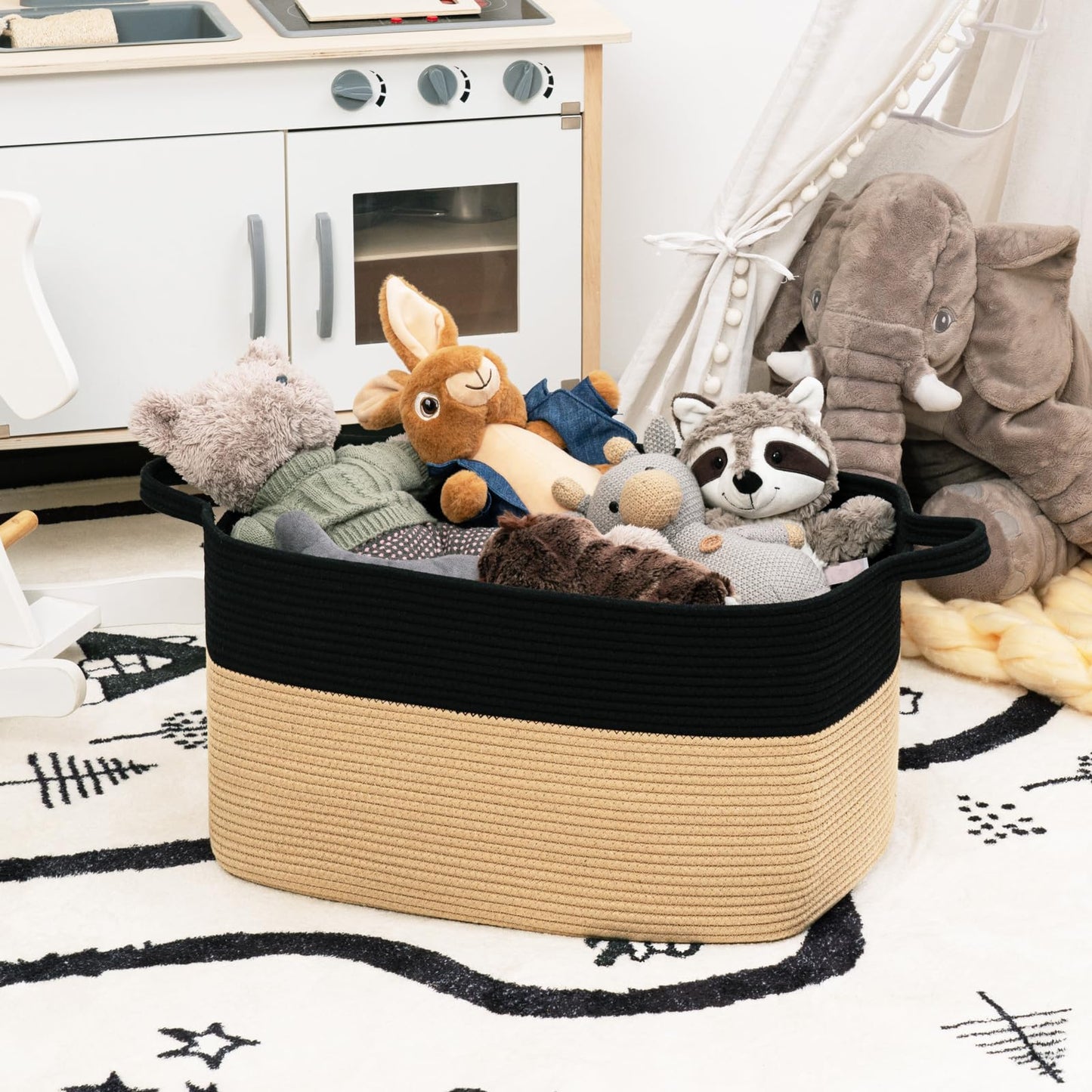 Storage Basket, Large Toy Basket for Baby, Kids, Cotton Rope Basket for Dirty Clothes, Blankets, Toy Storage, Rectangle Woven Basket in Living Room,