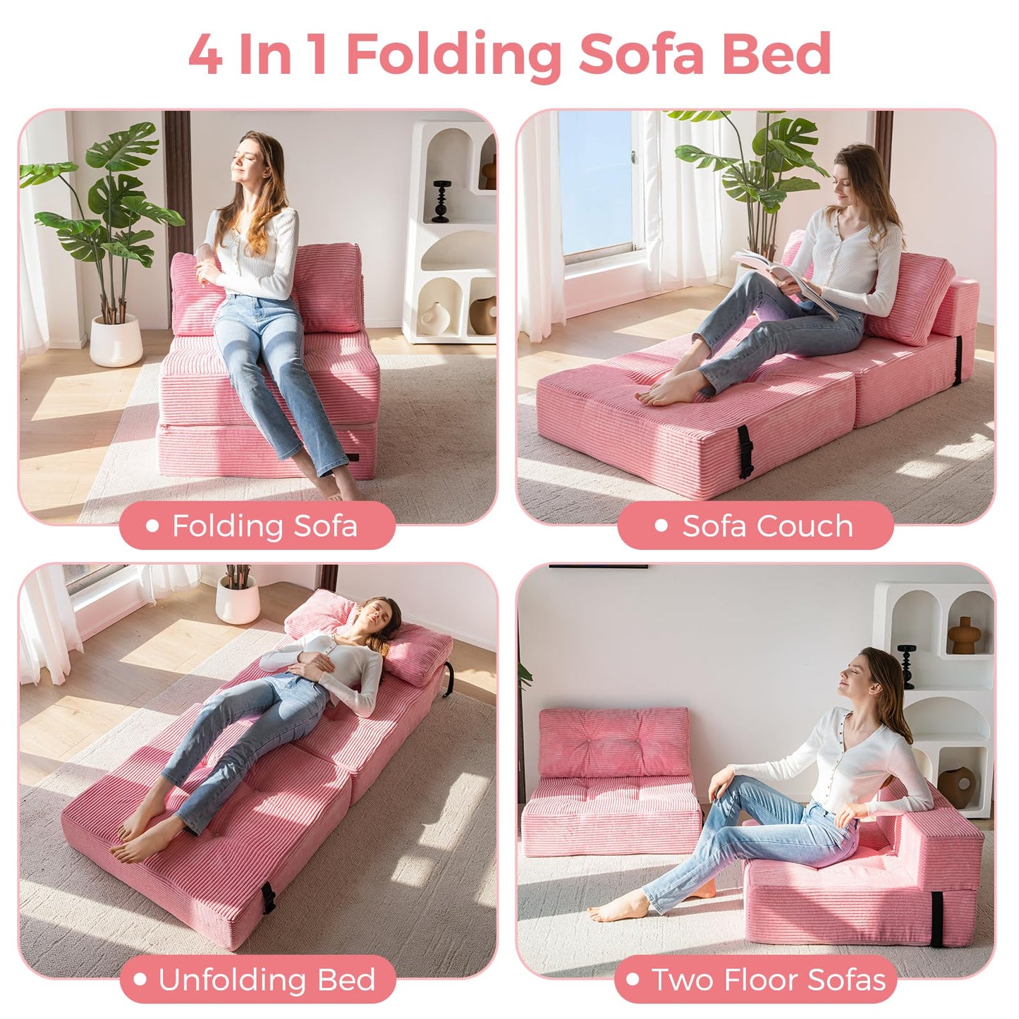 MAXYOYO Folding Sofa Bed, Convertible Sofa Bed with High-Density Support Foam, Portable 4 in 1 Fold Out Chair to Floor Lounger