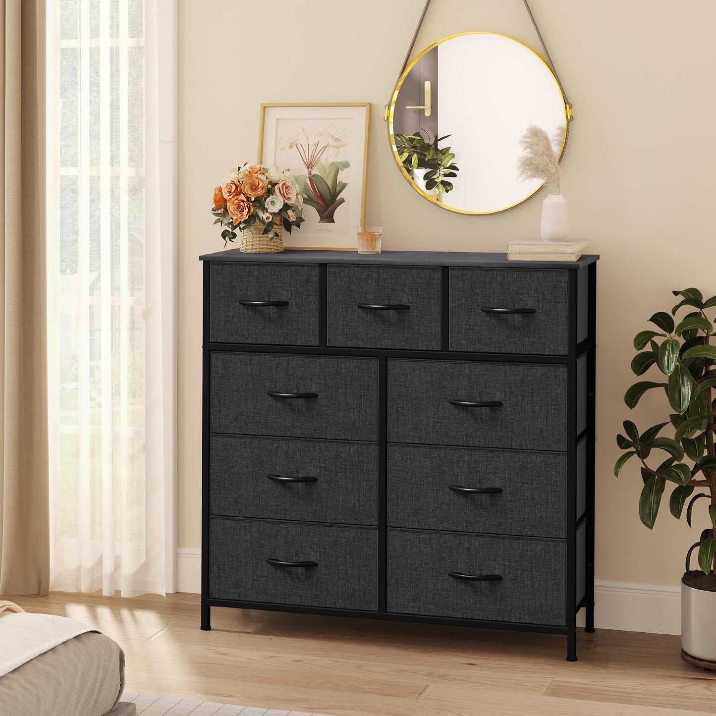 YITAHOME Wide Chest of Drawers with 9 Drawers, Fabric Dressers with Easy Pull Handle,Sturdy Steel Frame,Storage Drawers for Bedroom, Closet, Clothes