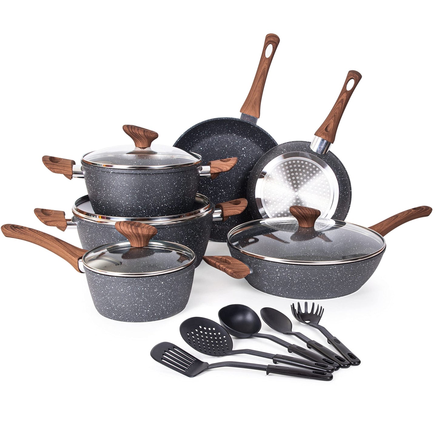 Non Stick Pots and Pans Set  Induction Hob Pots Set  15pcs Kitchen Cookware with Lids  Cooking Marble Saucepan Pots - by Nuovva