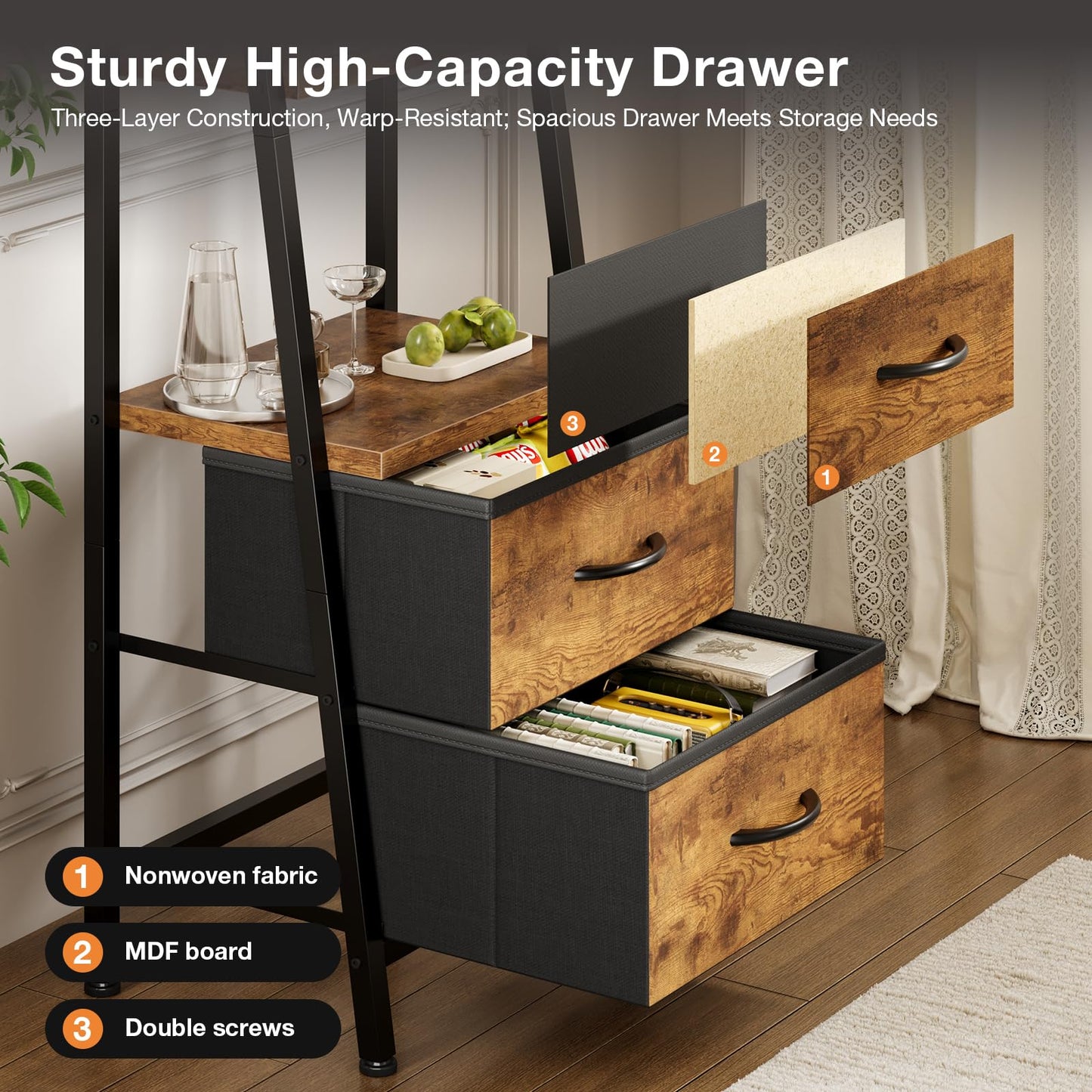 Coleshome 5-Tier Narrow Bookcase With 2 Fabric Drawers, Vintage