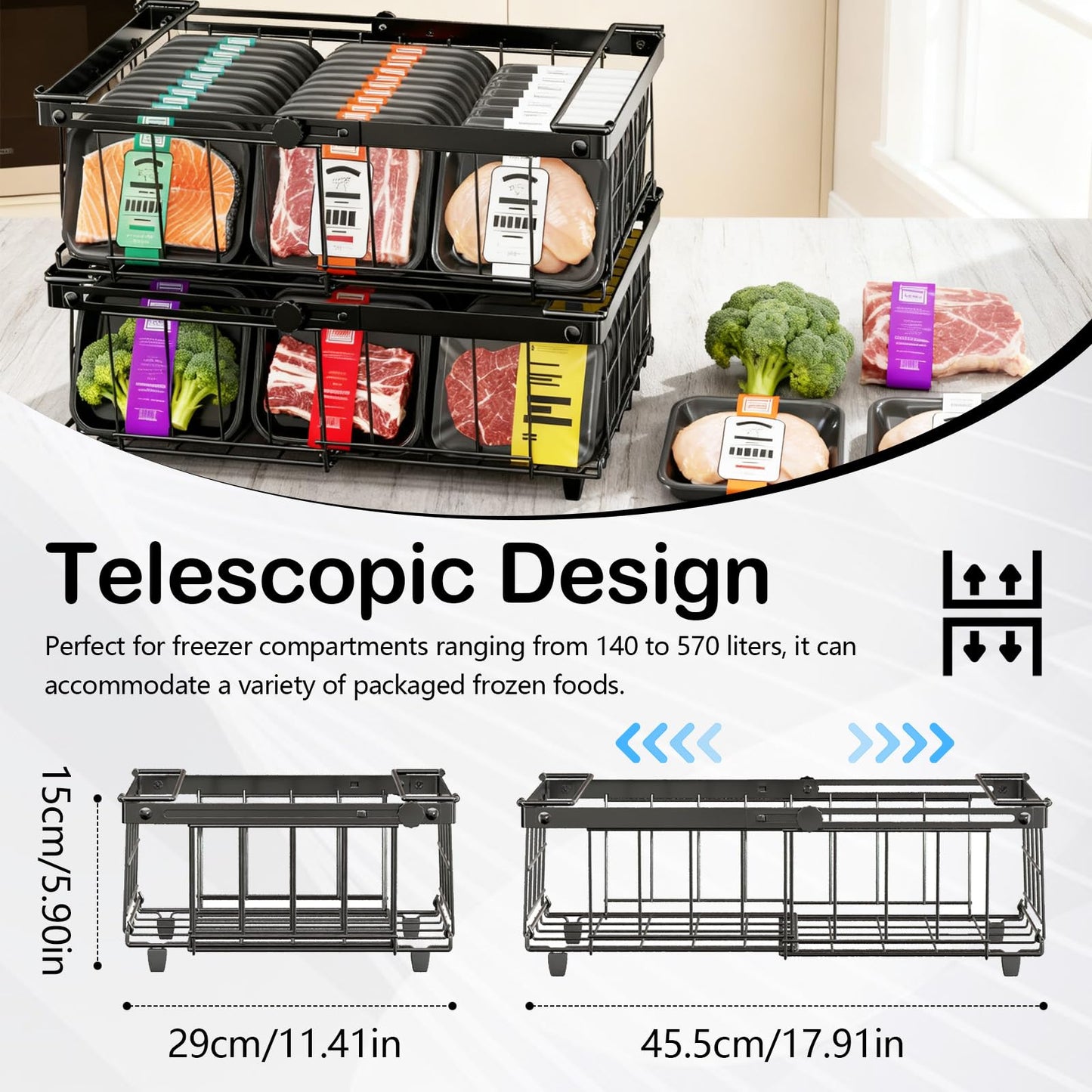 2 Pack Expandable Chest Freezer Baskets, Stackable Freezer Storage Baskets for 140L-570L Chest Freezers