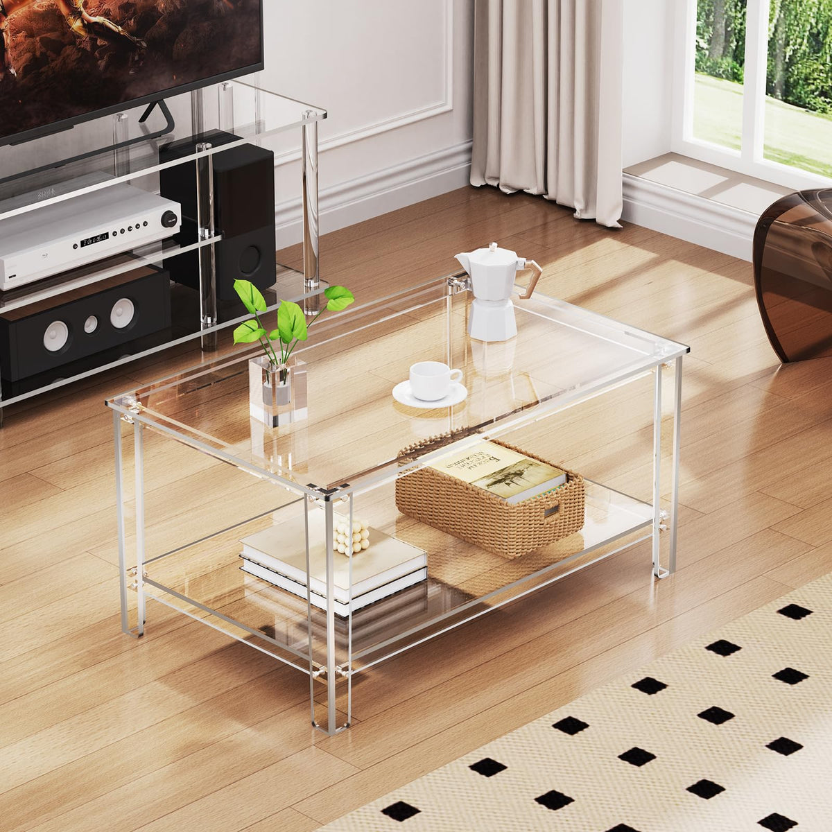 solaround Acrylic Coffee Table, with 2-Tier Open Storage Shelf, Space-saving Tea Tables for Living Room, Clear, 80 x 50 x 40 cm