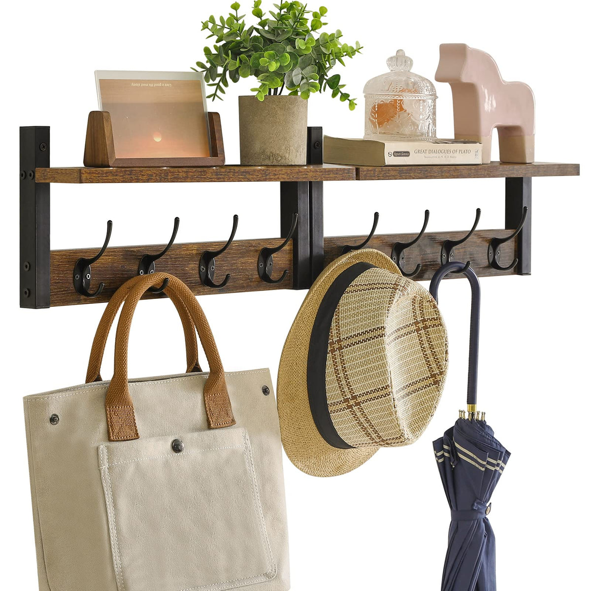 YMYNY Coat Rack Shelf Wall Mounted, Coat Hooks Set of 2, Entryway Coat Hanger with 4 Double Hooks, 80CM Wall Floating Shelf with Hat Rack, for