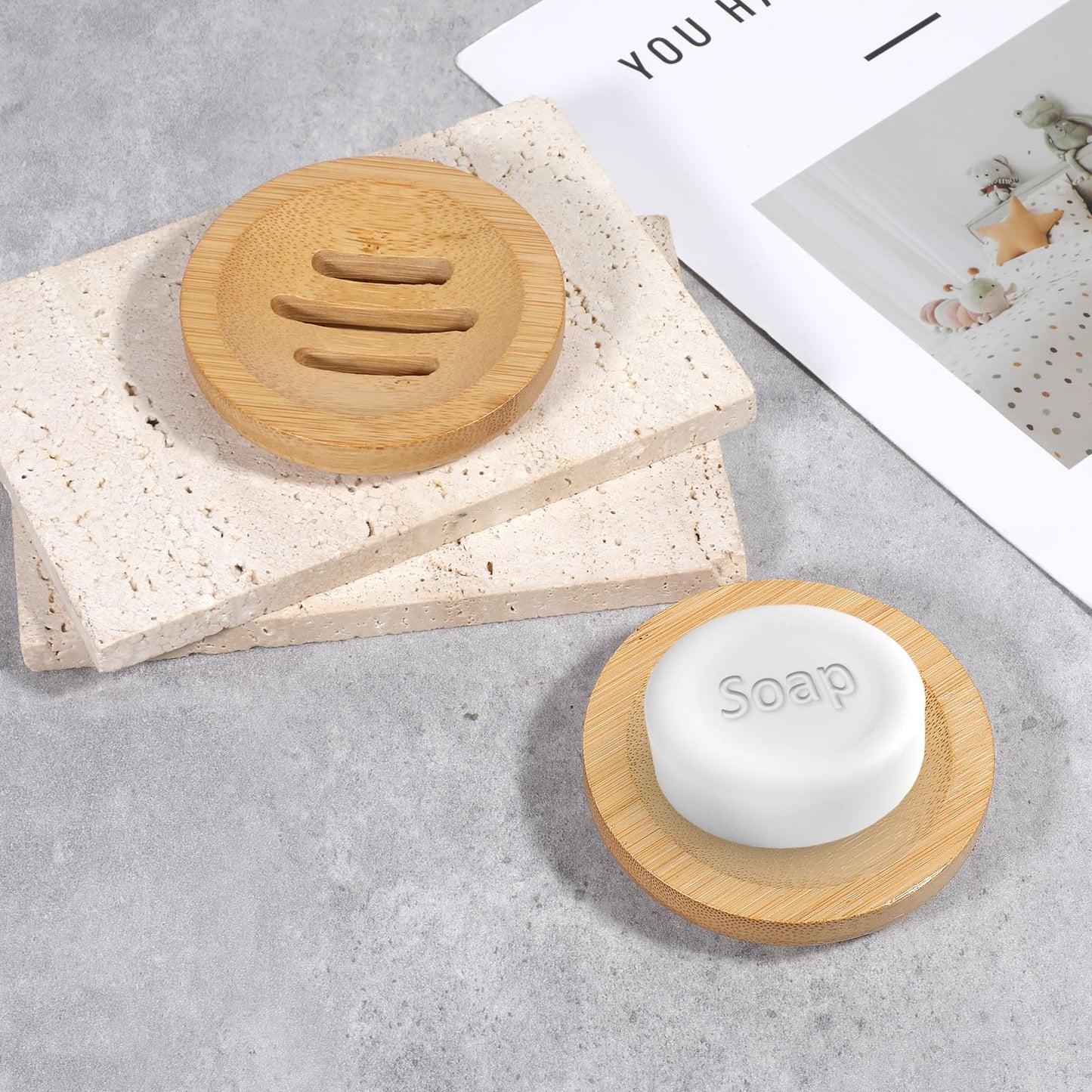 Bamboo Soap Dish, 2 Pcs Round Wooden Soap Holder Natural Wood Soap Tray Self Draining Soap Dish for Bathroom Shower Kitchen Sink
