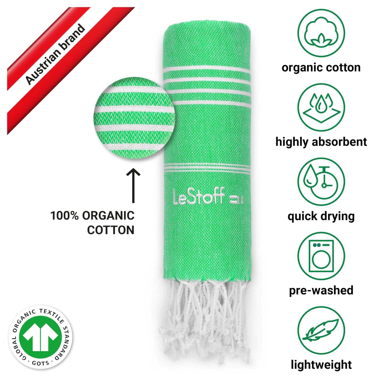 LeStoff Hammam Towel, Sauna Towel, 100% Organic Cotton, 95x180 cm, Grass