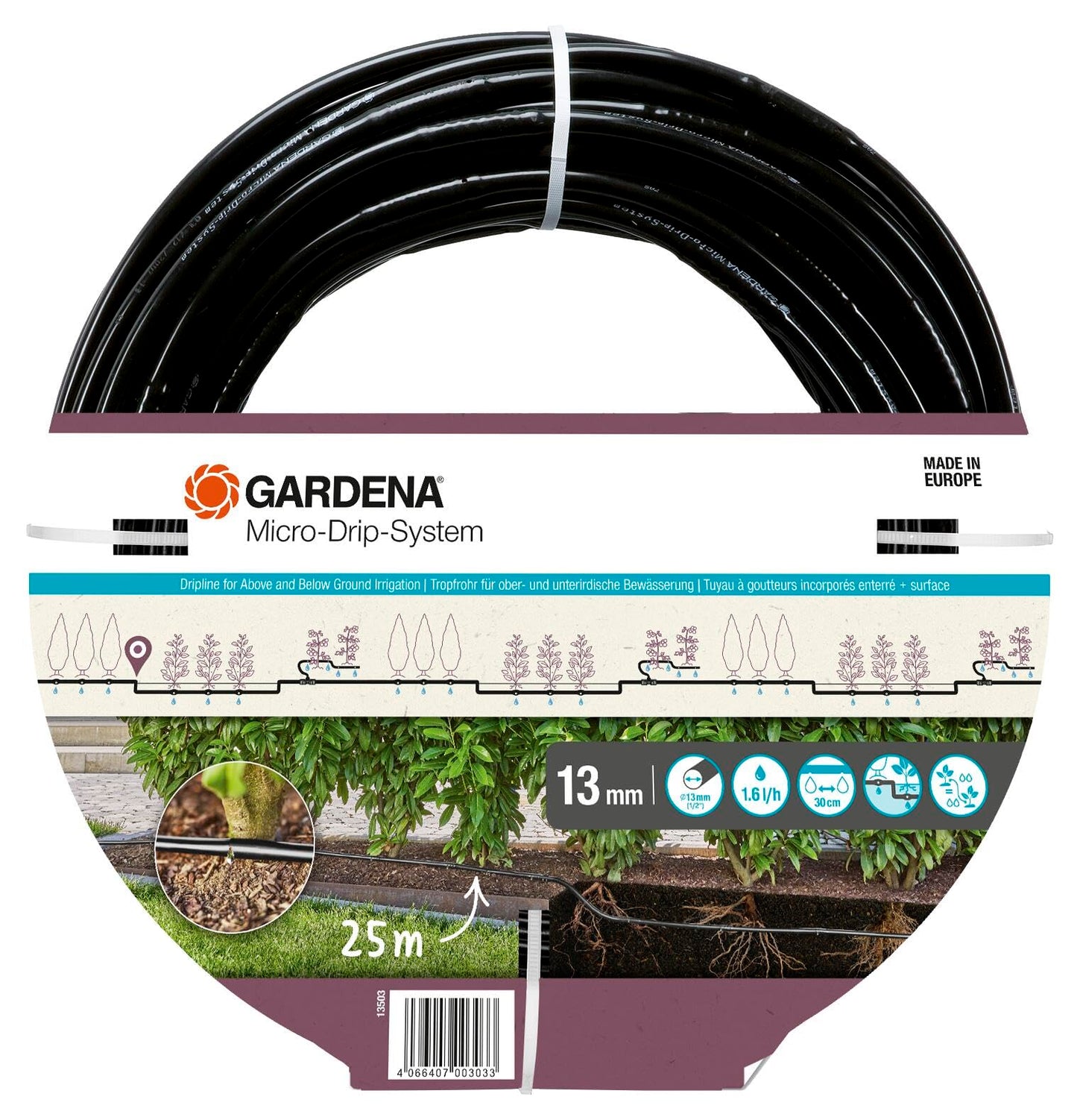 Gardena Micro-Drip-System Irrigation Line 1.6 l/h, above-ground and underground (25 m): Extension pipe for water-saving irrigation system, simple &
