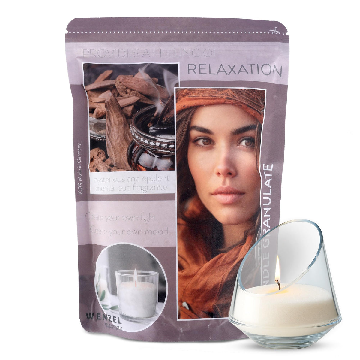 Wenzel Pearled Candle Wax granules 400g ? 4 Scented Relaxation (Oriental Scent) incl. Wicks & Guide ? DIY Making kit - Sand Wax-Candle Refill ? Made