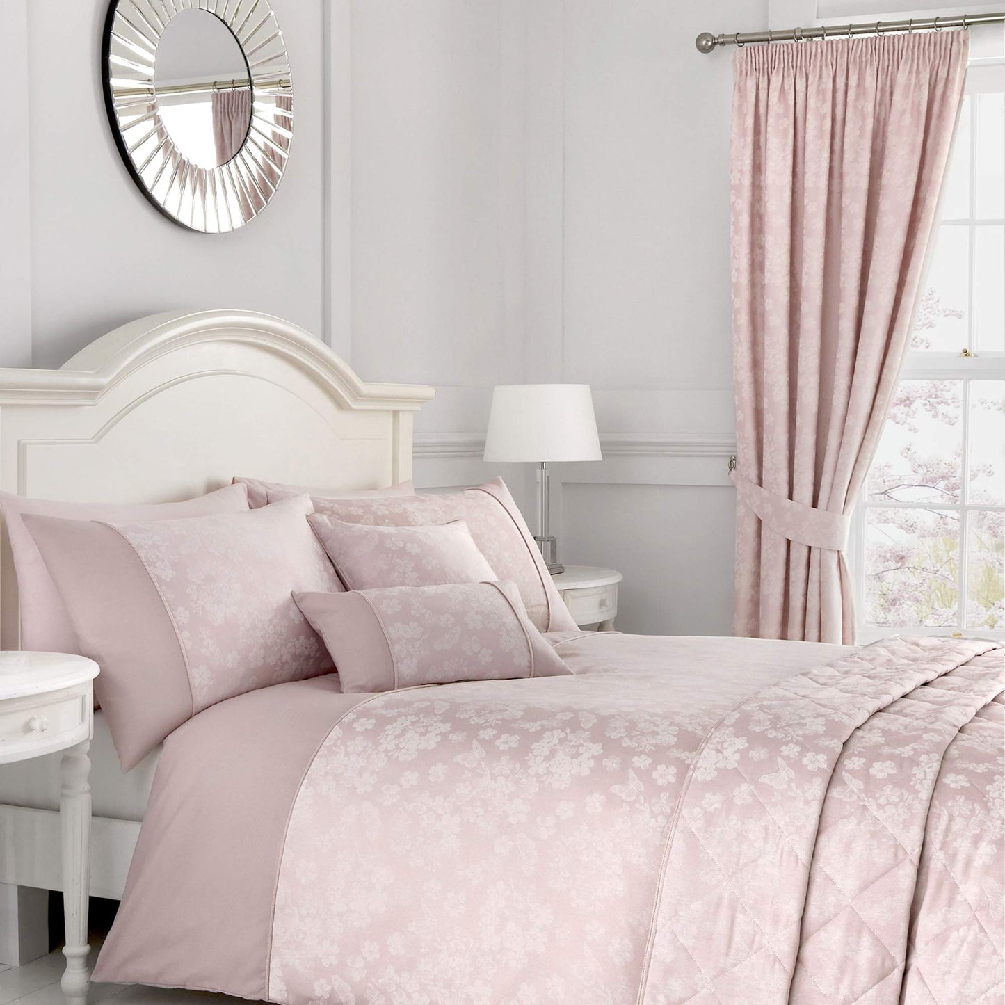 Serene Blossom-Jacquard Lined Pencil Curtains with Tie-Backs, Blush Pink, 66" Width x 72" Drop (168 x 183cm)