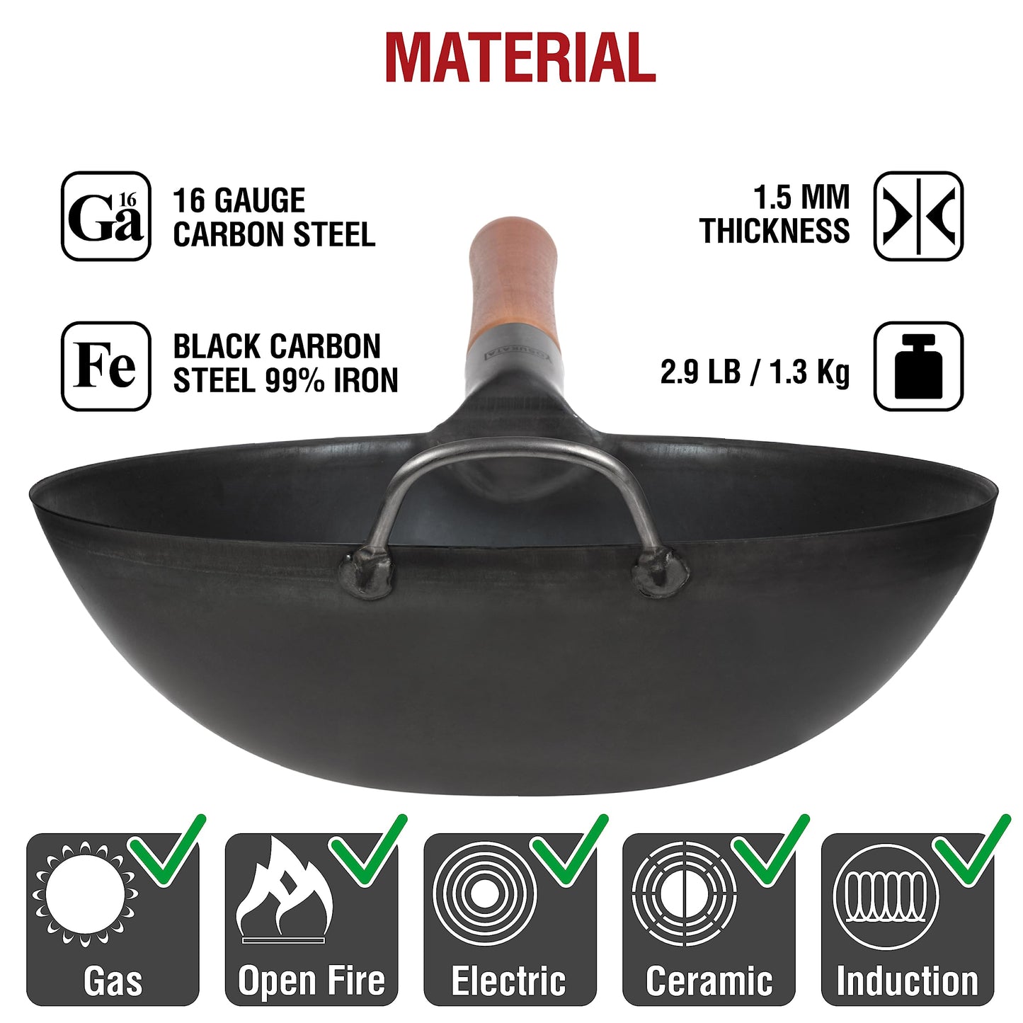 YOSUKATA Carbon Steel Wok Pan  30 cm Woks and Stir Fry Pans - Chinese Wok with Flat Bottom Pow Wok - Traditional Chinese Japanese Woks - Black Steel