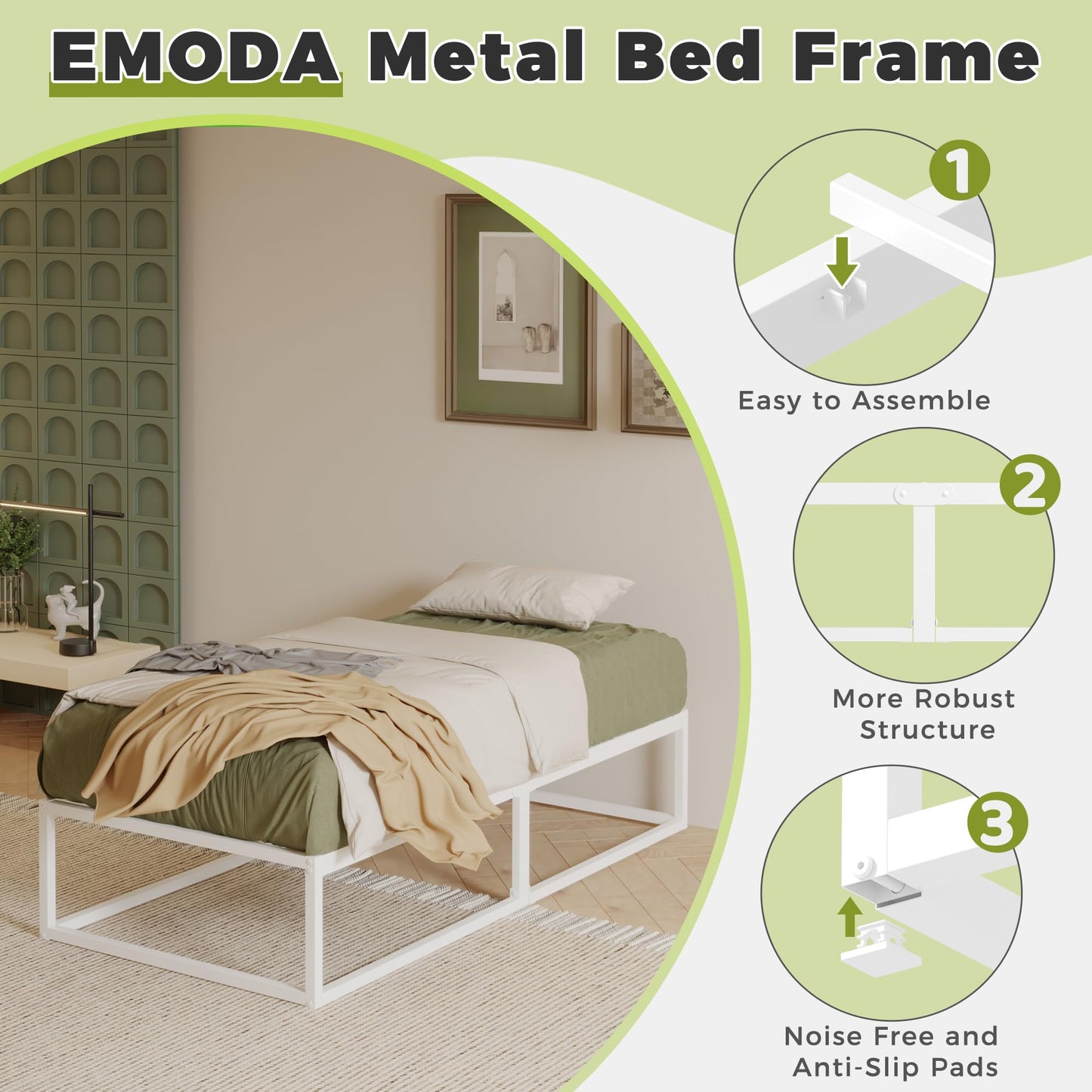 EMODA Small Single Bed Frame 36cm High with Steel Slats Support, White