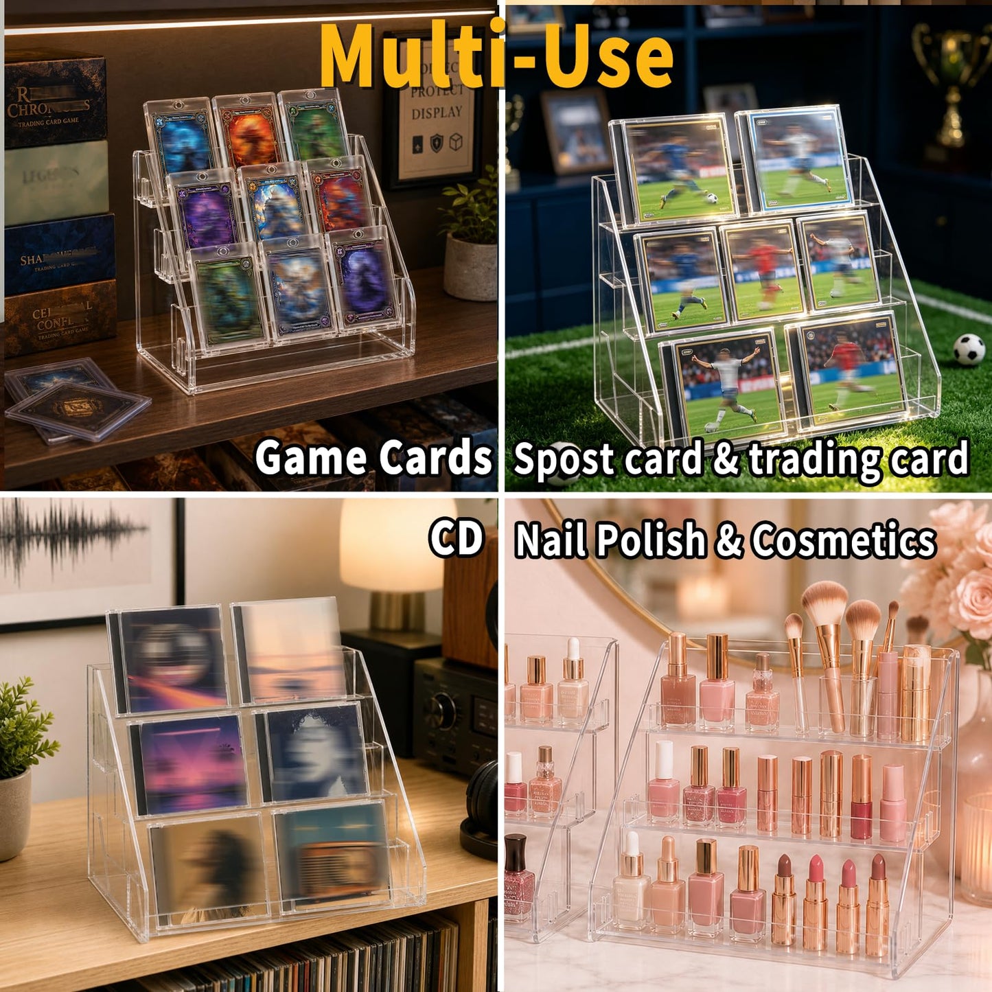 Oncpcare 2 Pack 3-Tier Clear Card Display Stands – Vertical Riser Shelf Rack for Trading Sports Postcards and Collectible Card Holders
