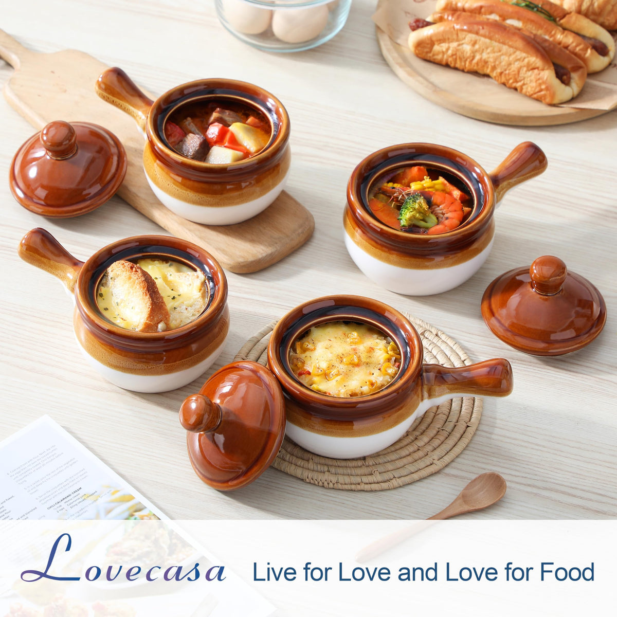 LOVECASA 16 OZ French Onion Soup Crocks with Lid,Porcelain Soup Bowls with Extended Handle,Serving Bowls for Chili, Beef Stew, Cereal, Pot Pies,