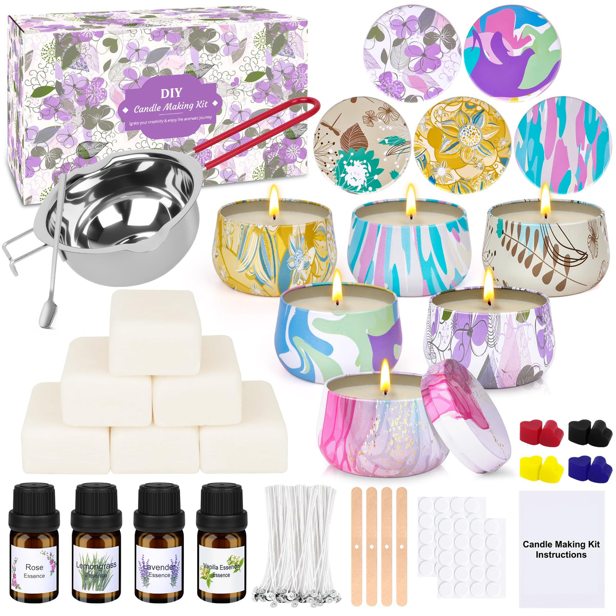 KEARLGMBH Candle Making Kit for Adults Beginners - Candle Making Supplies Include 360g Wax, 6 Dyes, 4 Scents, 25 Wicks, 6 Tins, 40 Wicks Sticks,