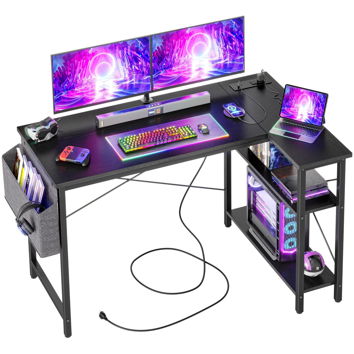BEXEVUE Small L Shaped Desk with Power Outlets - 120x70cm Gaming Corner Computer Desk Writing Table, Reversible Large Storage Shelves, Bookshelf