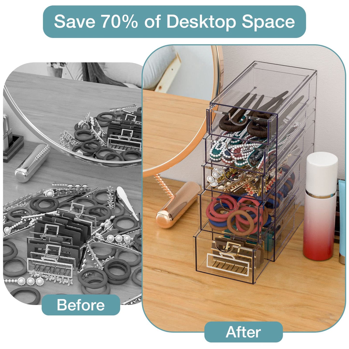 Noverlife Clear Containers for Hair Organizing - Plastic Hair Accessory Box with 5 Drawers