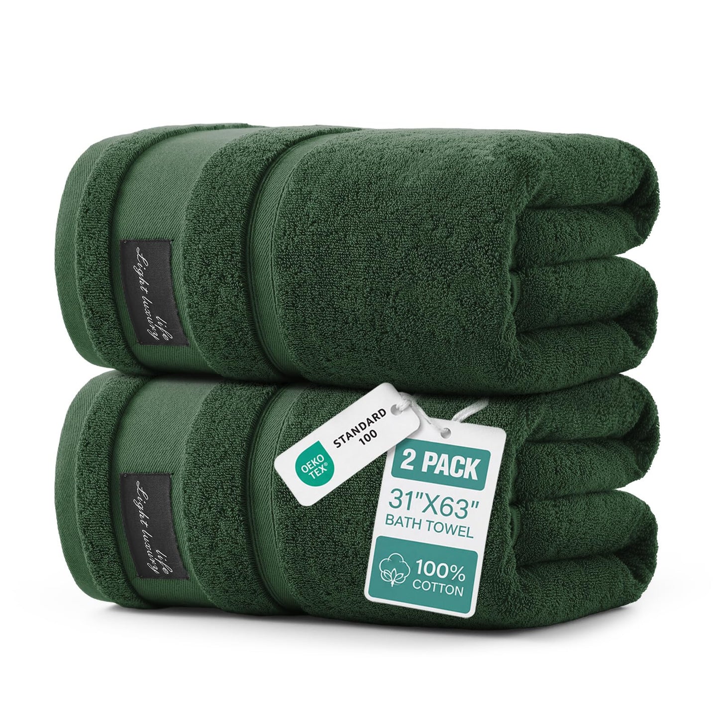 REDKISS 2-pack Dark Green Large Bath Towels-160 x 80CM Cotton Luxury Towel