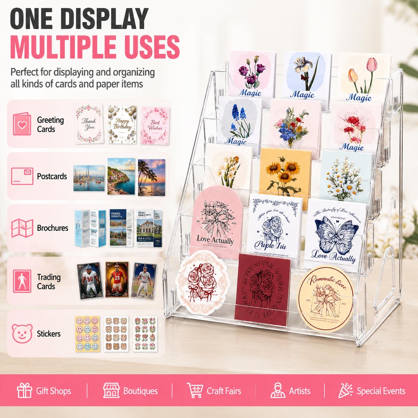 Acrylic 5-Tier Greeting Card Display Stand for Sports & Trading Cards