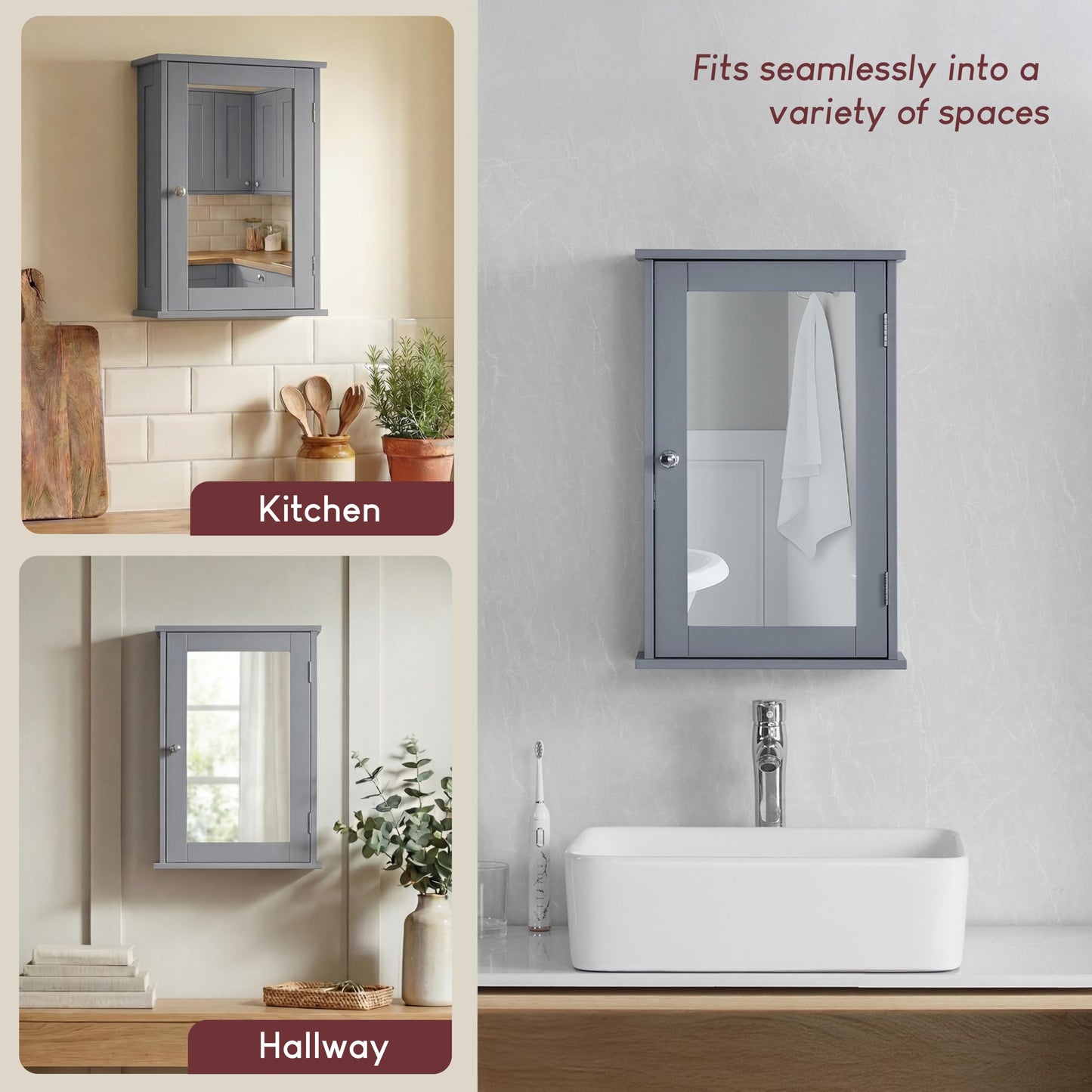 Bath Vida Priano Bathroom Cabinet Single Mirrored Door Wall Mounted, Grey