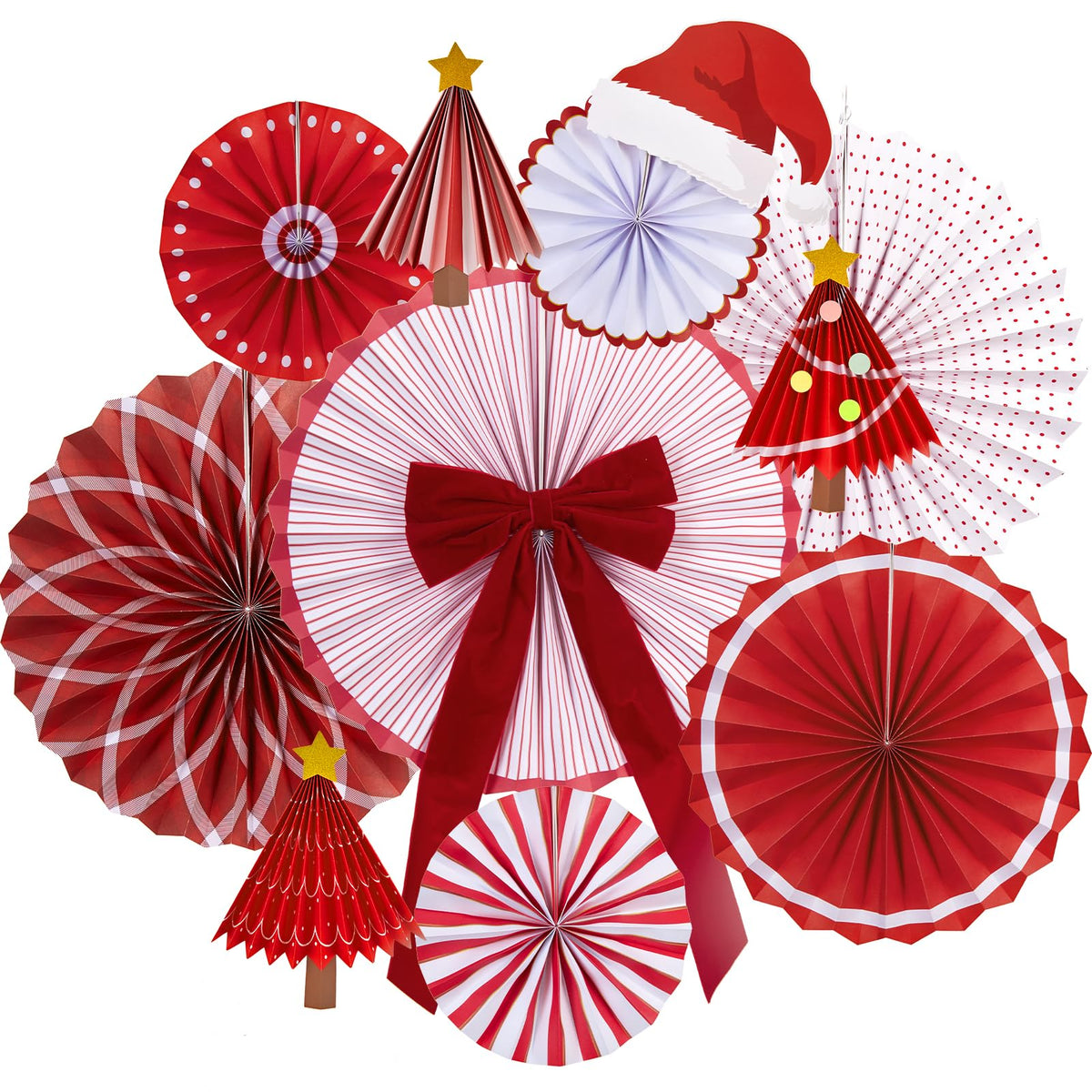 Reusable Christmas Decorations Ceiling Christmas Paper Decorations Red Hanging Paper Fans Bow Christmas Tree with Star Tree Topper for Xmas Holiday