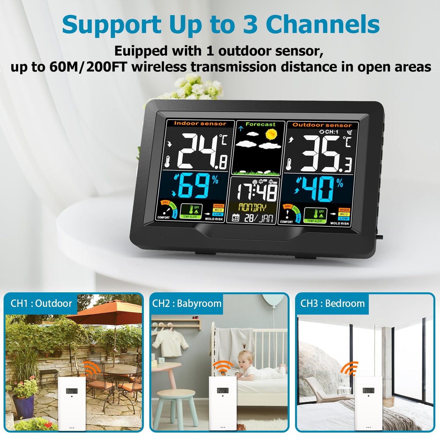 Qxmcov Weather Station Wireless with Outdoor Indoor Sensor, Digital Large LCD Screen Thermometer, Weather Station with Weather Forecast, Temperature,