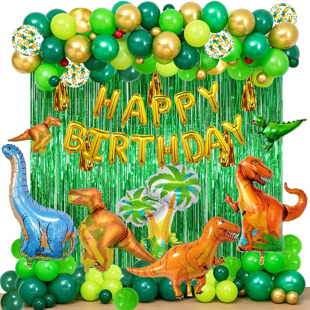 YinQin 143 PCS Dinosaur Happy Birthday Party Balloon Set with Filling Pump Green Foil Fringe Curtain Confetti Balloons Jungle Dino Themed Happy