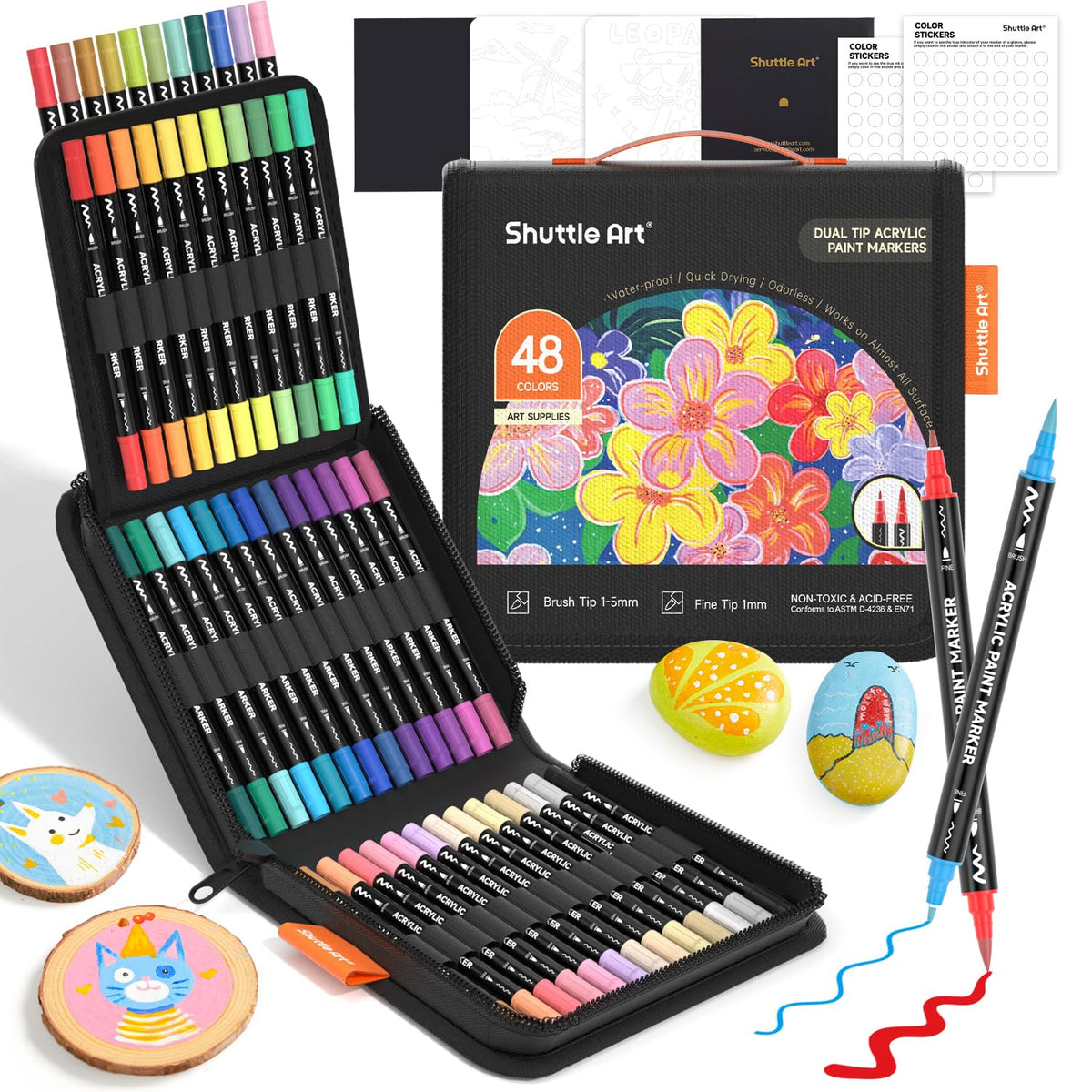 Shuttle Art Dual Tip Acrylic Paint Pens, 48 Colours Fine & Brush Paint Marker Pens, Paint Pens for Rock Painting, Ceramic, Wood, Fabric, Glass, Art