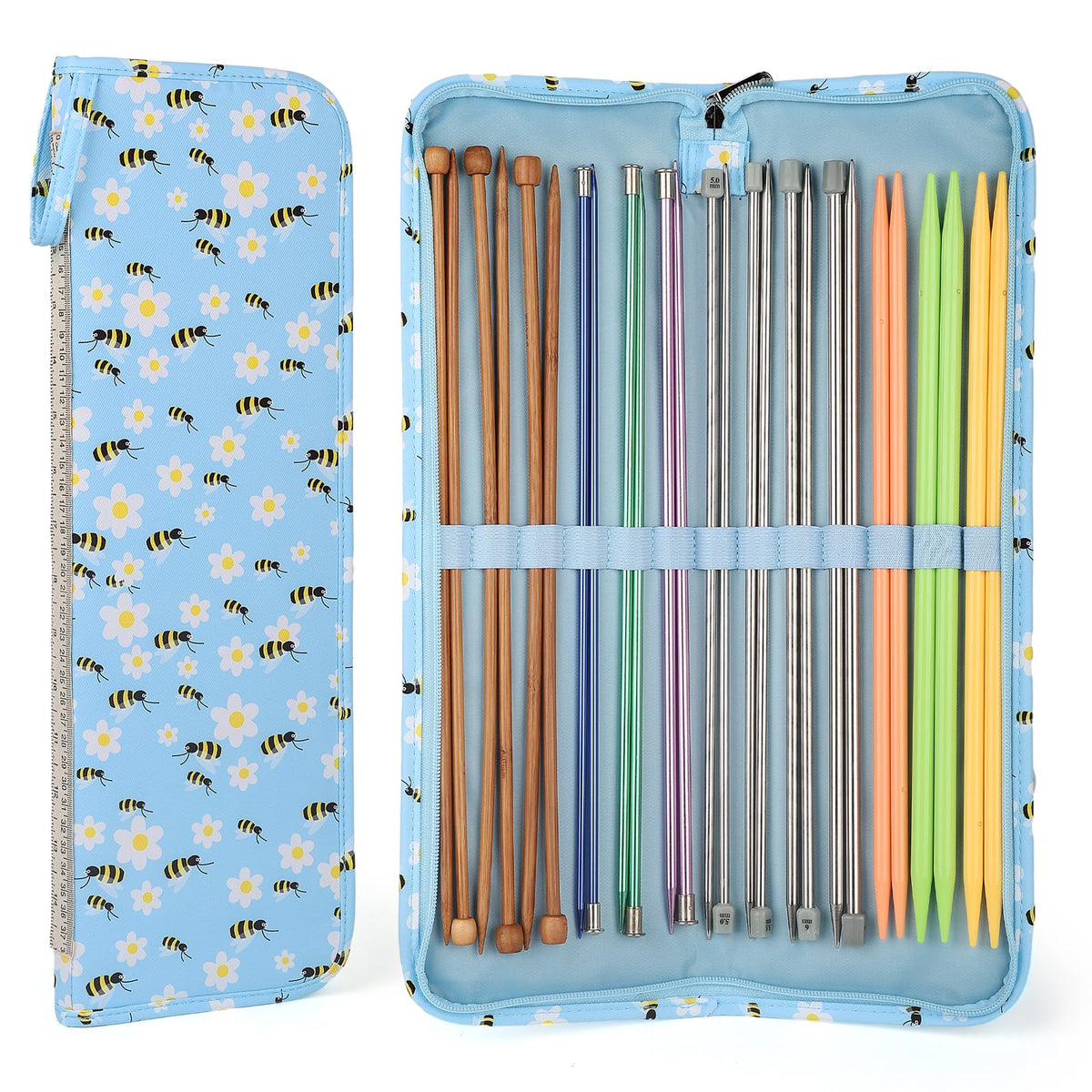 Aeelike Knitting Needle Case 40cm, Long Knitting Needles Holder, Blue Bee