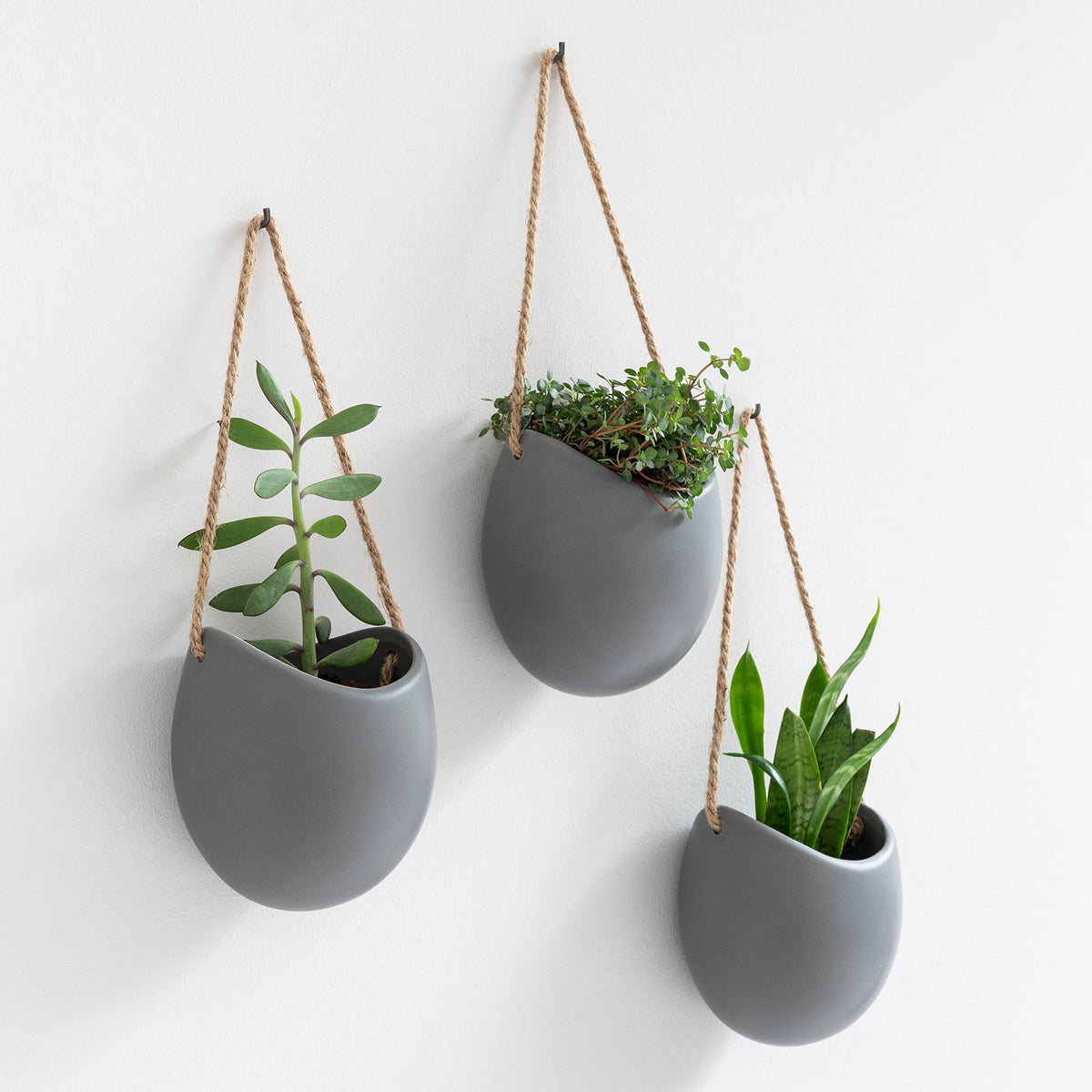 Kazai. Wall Planters -Ellie- | Hanging Ceramic Plant Pots, 3 Pieces, for Succulents and more | Wall Decoration for Indoors, Balcony and Garden | Grey