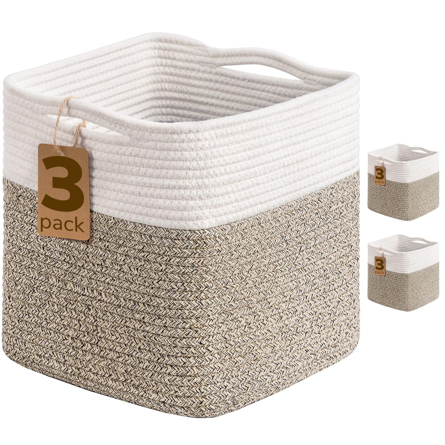 TIMEYARD 3 Pack Cube Storage Bins Rope Woven Basket for Shelves White Brown