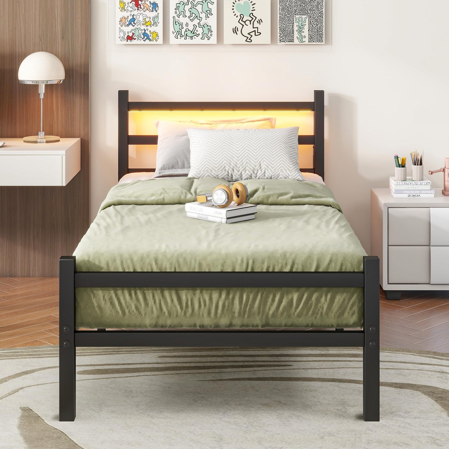 BORPHOM 3ft Single Bed Frame with Headboard & LED Lights,Heavy Duty Metal Platform Bed Frame with Charging Station,Mattress Base/Strong Steel Slats