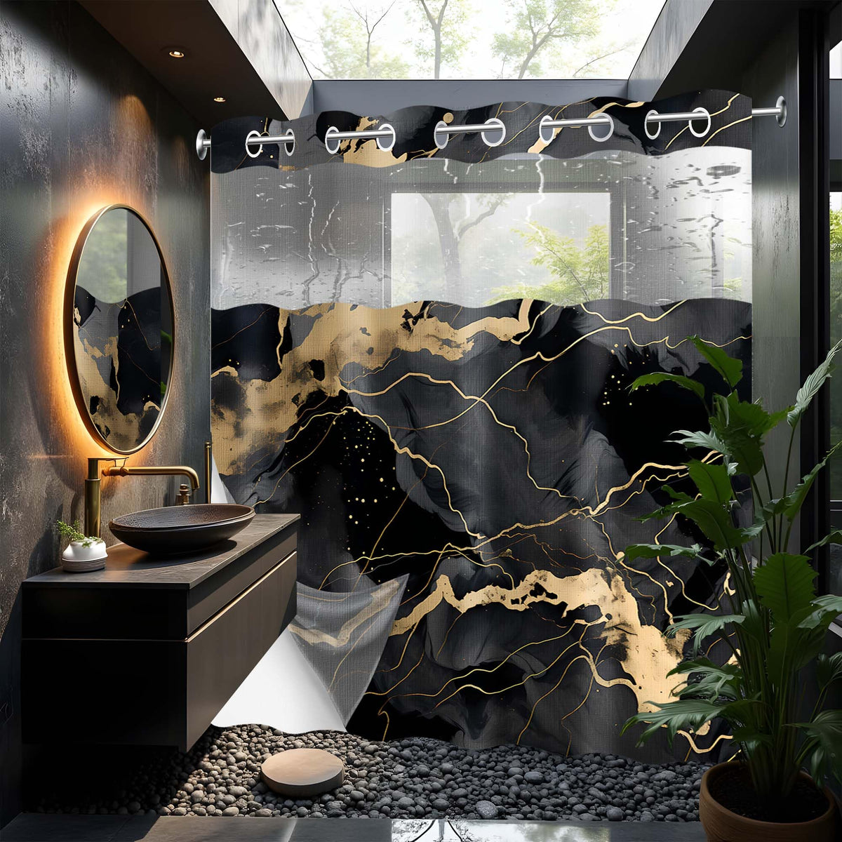 LanZanthic Black and Gold Hookless Shower Curtain with Snap in Liner, Marble Abstract Modern No Hook Double Layer Shower Curtain and Liner Set,