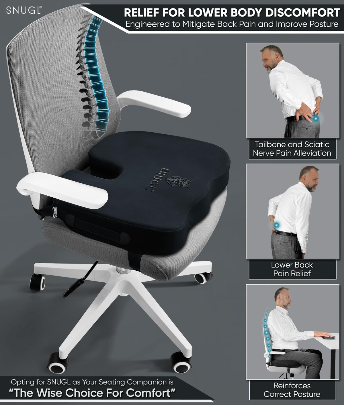 SNUGL Coccyx Cushion | Thick Memory Foam Seat Cushion for Office, Car, Wheelchair & Gaming Chair | Orthopedic Support Pillow for Tailbone, Sciatica,