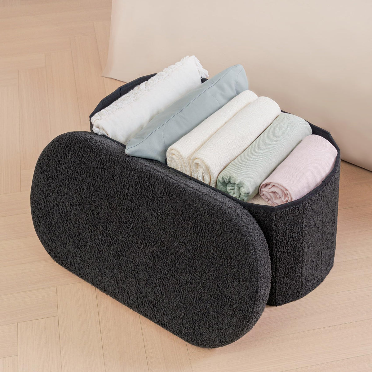 Bonlife Folding Ottoman Storage Bench,Boucle Footstool Oval, End of Bed Stool, Ideal for Living Room, Bedroom,76x38x38cm,Dark Grey