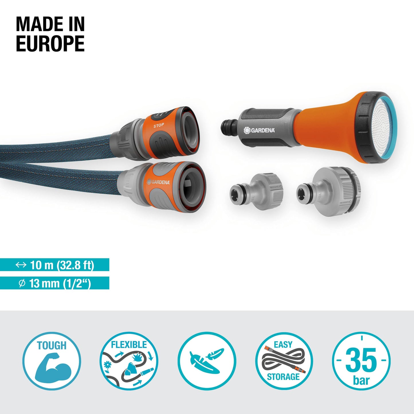 Gardena Liano Xtreme 1/2 inch, 10m set: Extremely robust textile garden hose, for indoor water taps, with PVC inner tube, lightweight,
