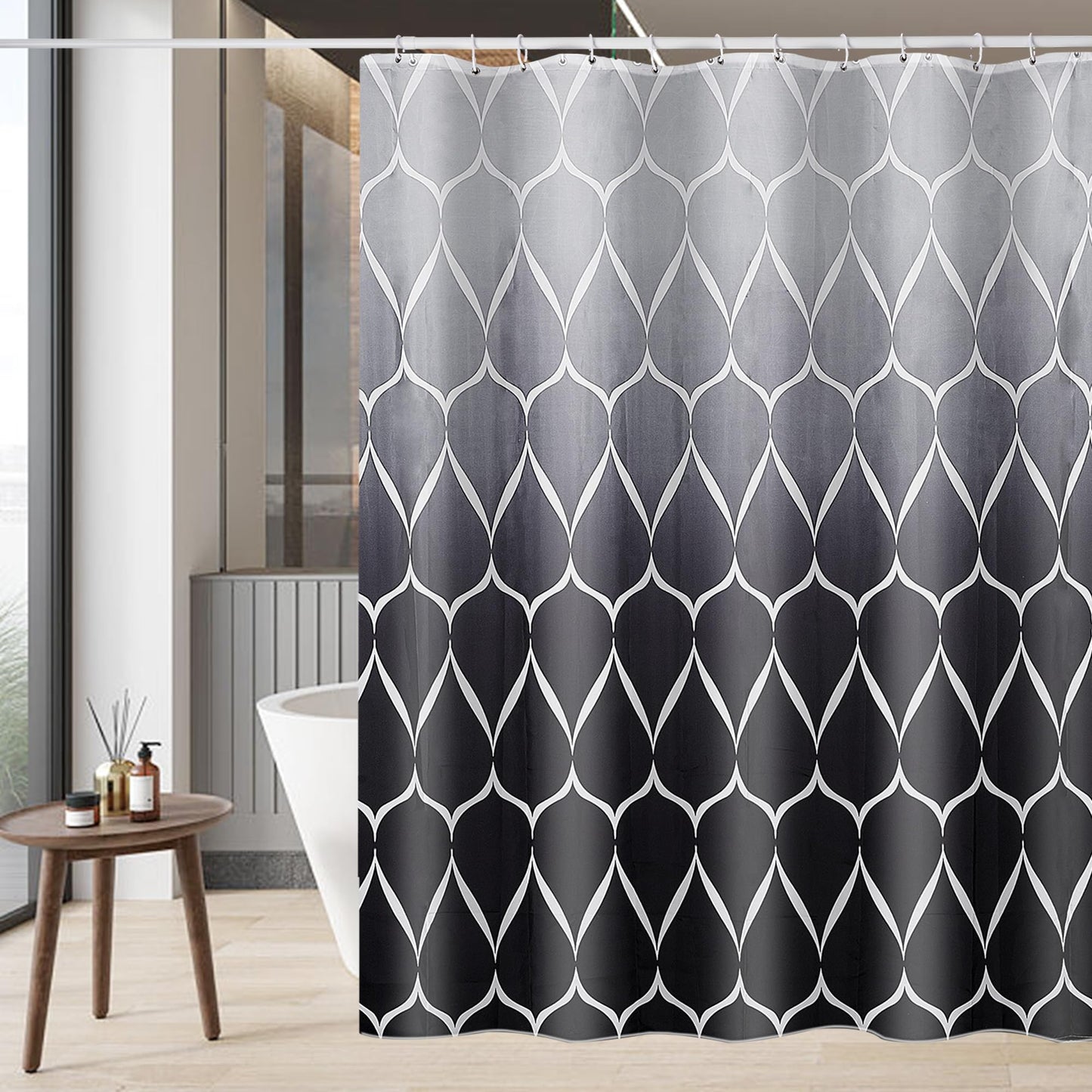 GERUIKE Extra Wide Weighted Shower Curtain 240 x 200 cm, Anti-Mould Waterproof Textile 130GSM Polyester Fabric, Machine Washable with 12 Rings & Grey