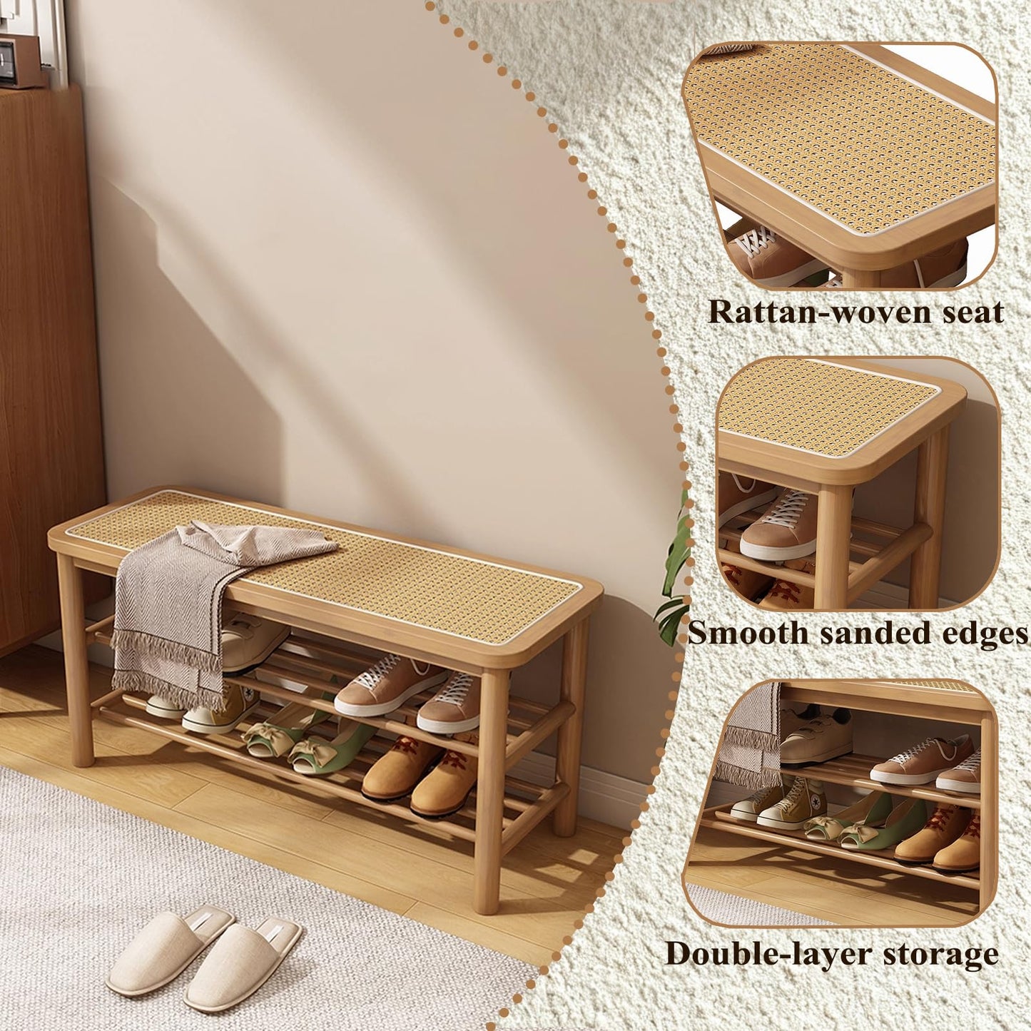 SOBIBO Bamboo Shoe Rack Bench with Rattan Seat, 3-Tier Shoe Storage Bench, Entryway Bench for Hallway，Nature-31.5 inches