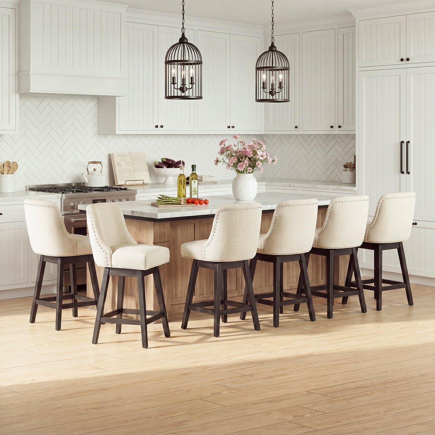 Bar Stools Set of 6, 360° Swivel Upholstered Counter Stools with Back, Wooden Frame Kitchen Bar Chairs with Nailhead Trim