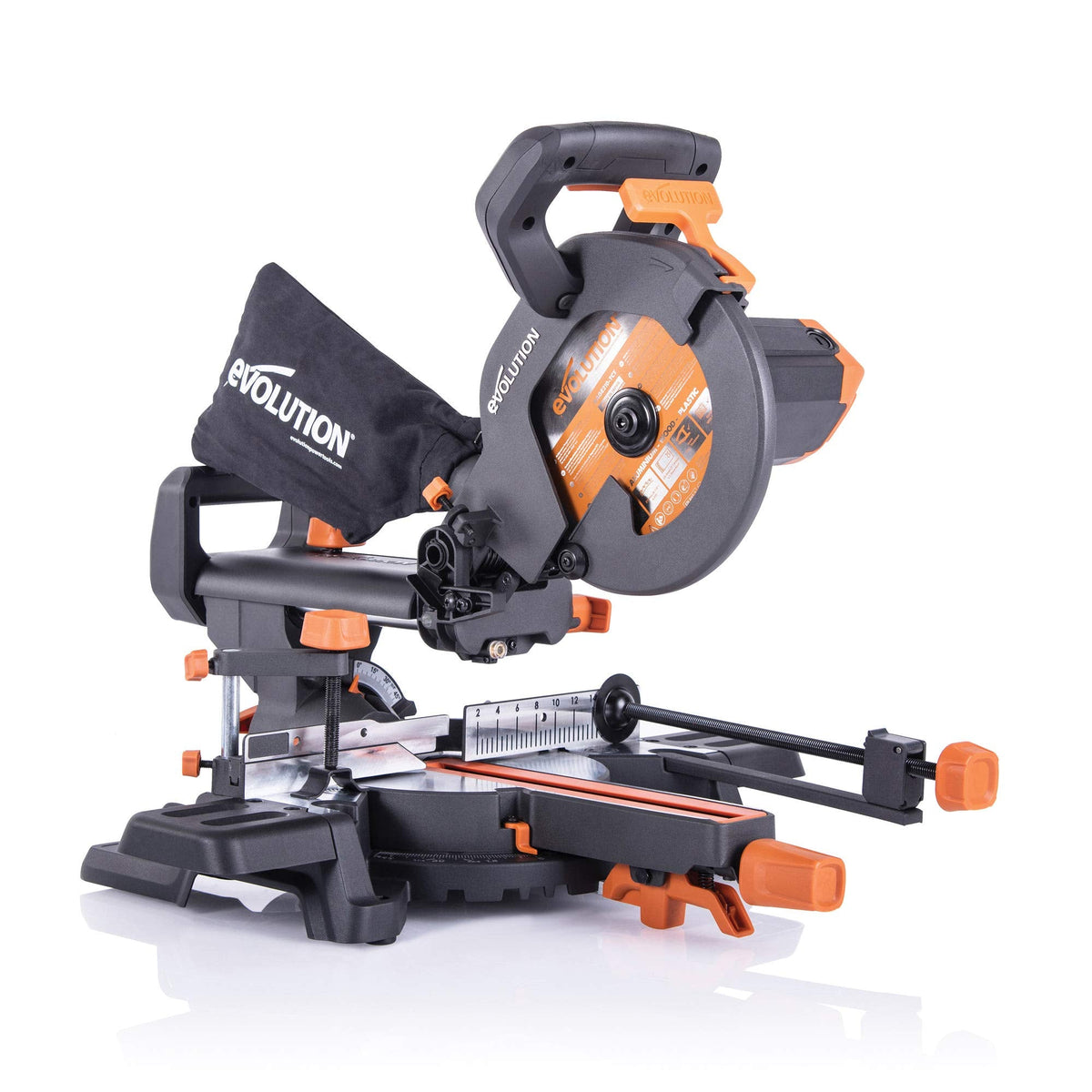Evolution Power Tools R210SMS+ Sliding Mitre Saw With Multi-Material Cutting, Cuts Wood, Metal, Plastic & More, 45? Bevel, 50? Mitre, 230mm Slide,