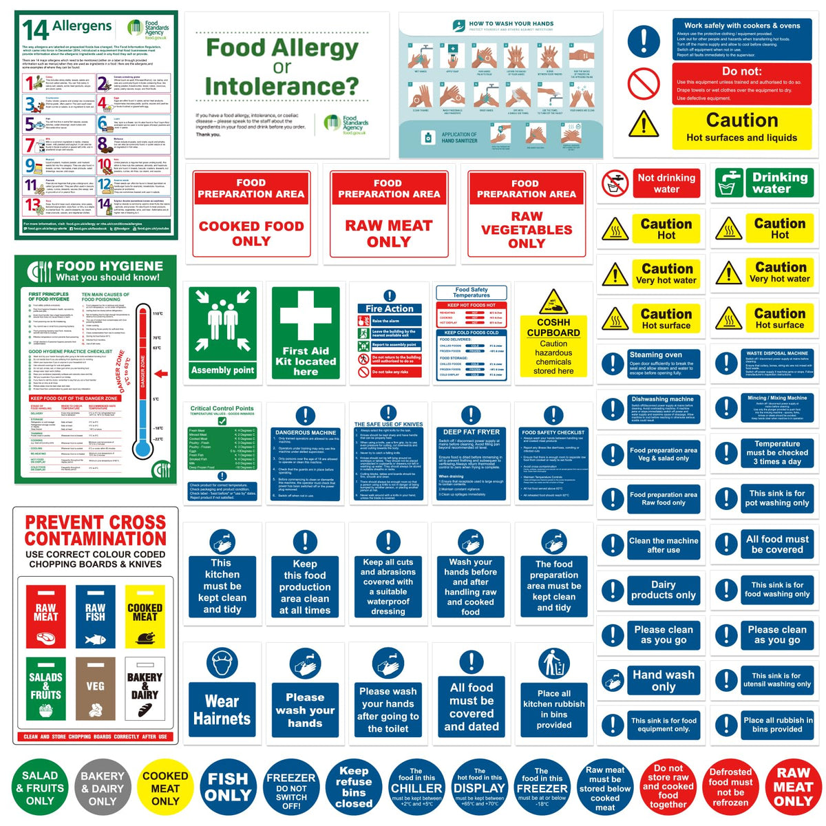 Complete Kitchen Safety Signs Set - 68 Pcs - Matte Self-Adhesive Vinyl, Waterproof and Oil-Proof - Food Hygiene Stickers, Ensure Safety and Compliance