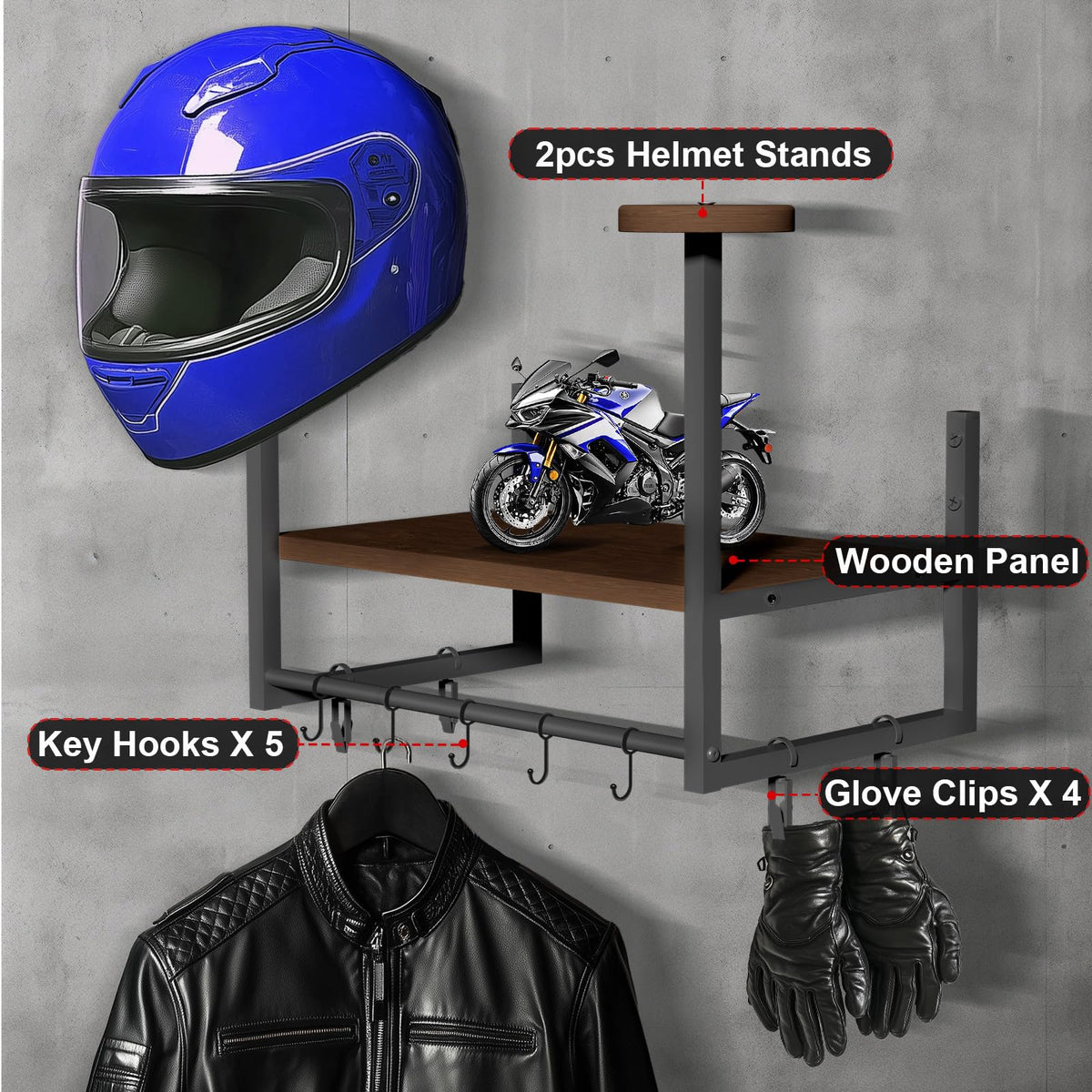Motorcycle Helmet Holder Wall Mount, Retro Helmet Rack with Wooden Board
