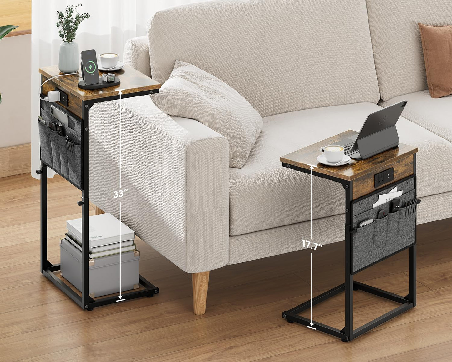 Vagusicc C-Shaped Side Table with Charging Station, Height Adjustable Sofa Side Table, Bedside Table, End Table for Small Spaces
