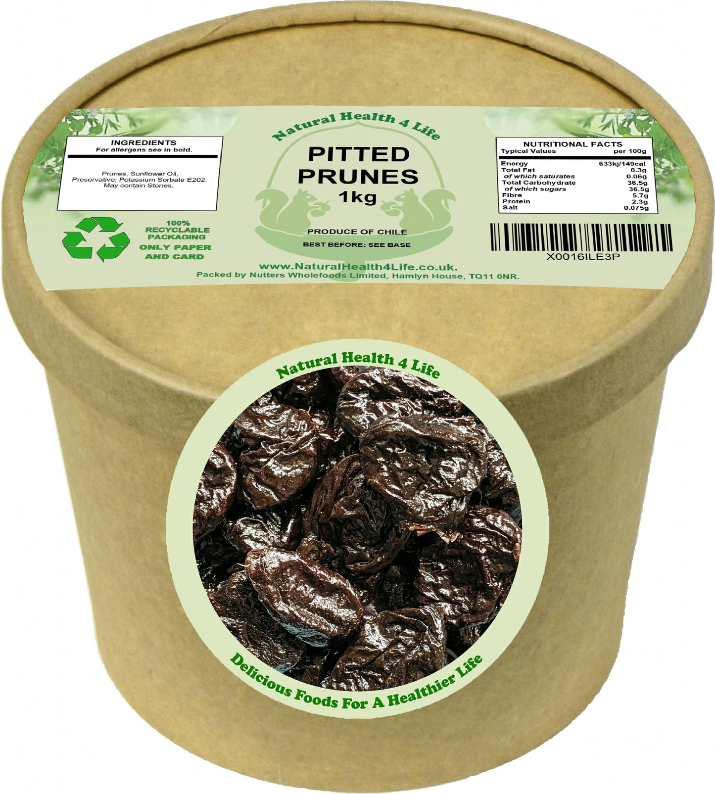 Natural Health 4 Life Dried Pitted Prunes 1kg in Kraft Tub, High in Fibre, Fat Free, Low Salt, Dried Fruits for Baking, Breakfast, Snacking and
