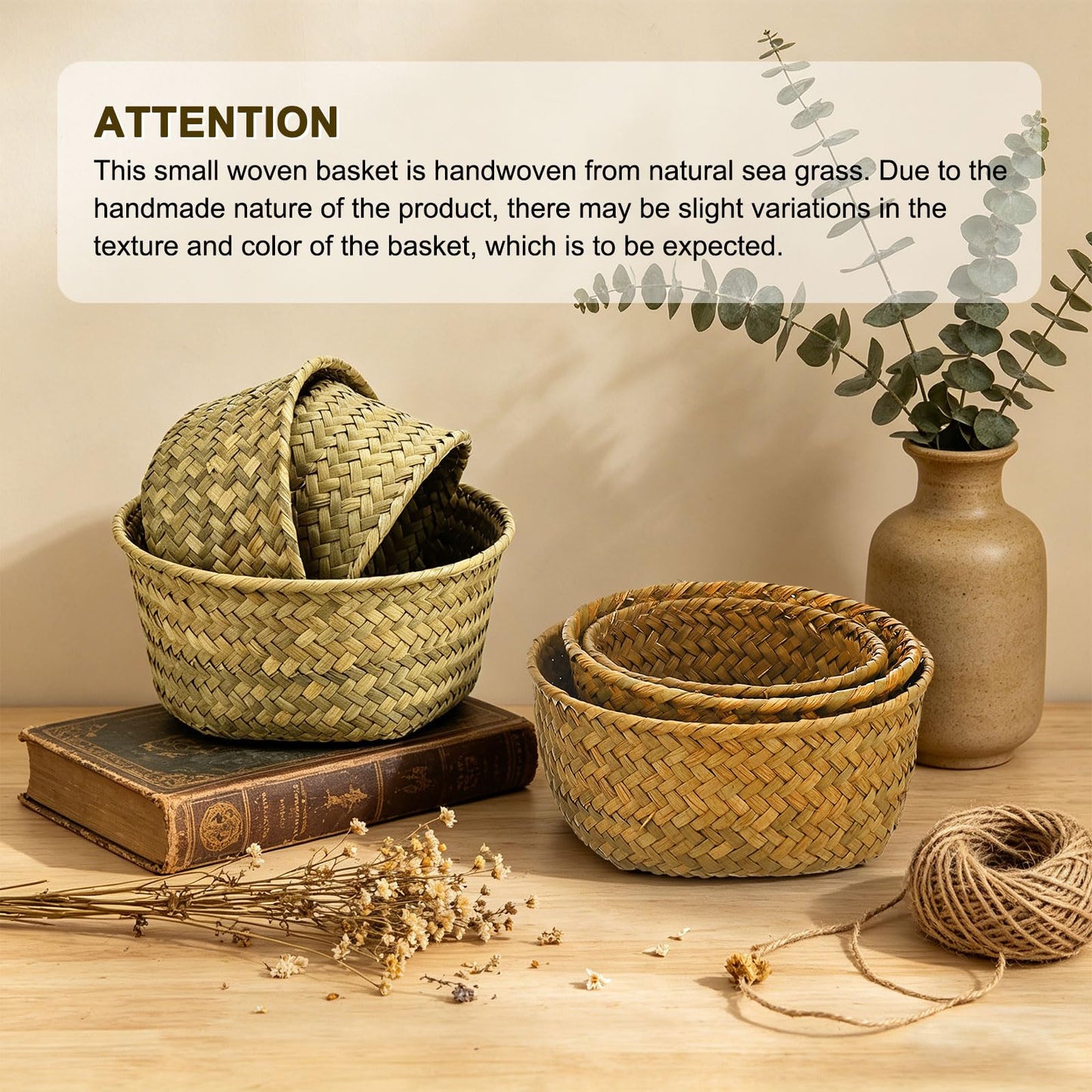 M METERXITY 3-Pack Natural Seagrass Woven Storage Basket, Small Round Storage Seaweed Woven Sundries Baskets for Fruit/Kitchen/Desktop/Household